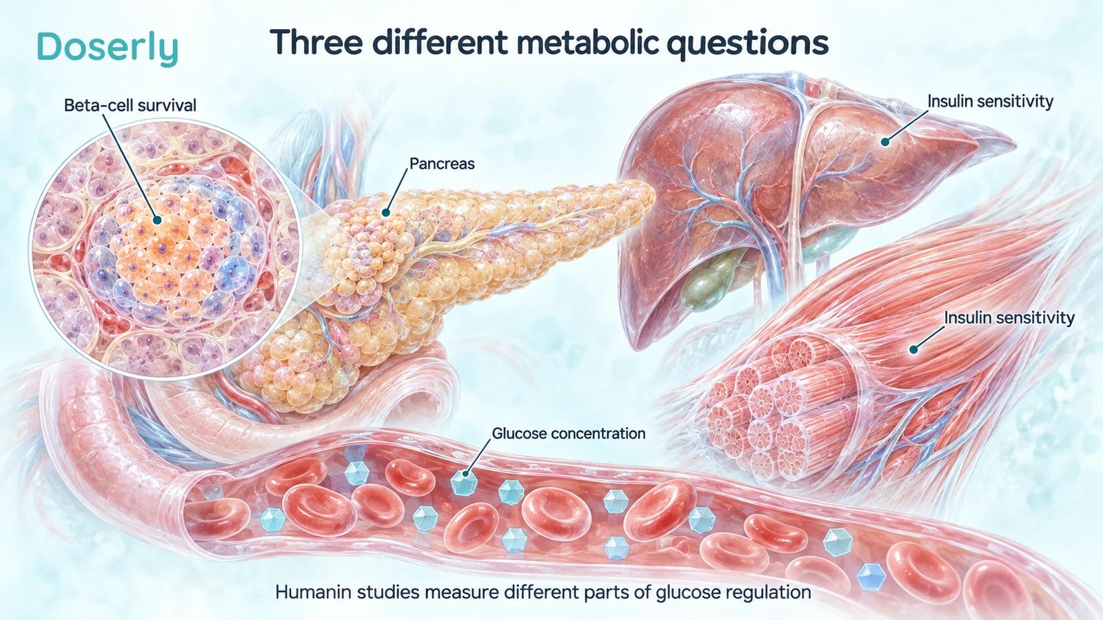 Pancreas and enlarged islet, liver and skeletal muscle, and glucose-containing blood shown as distinct metabolic questions