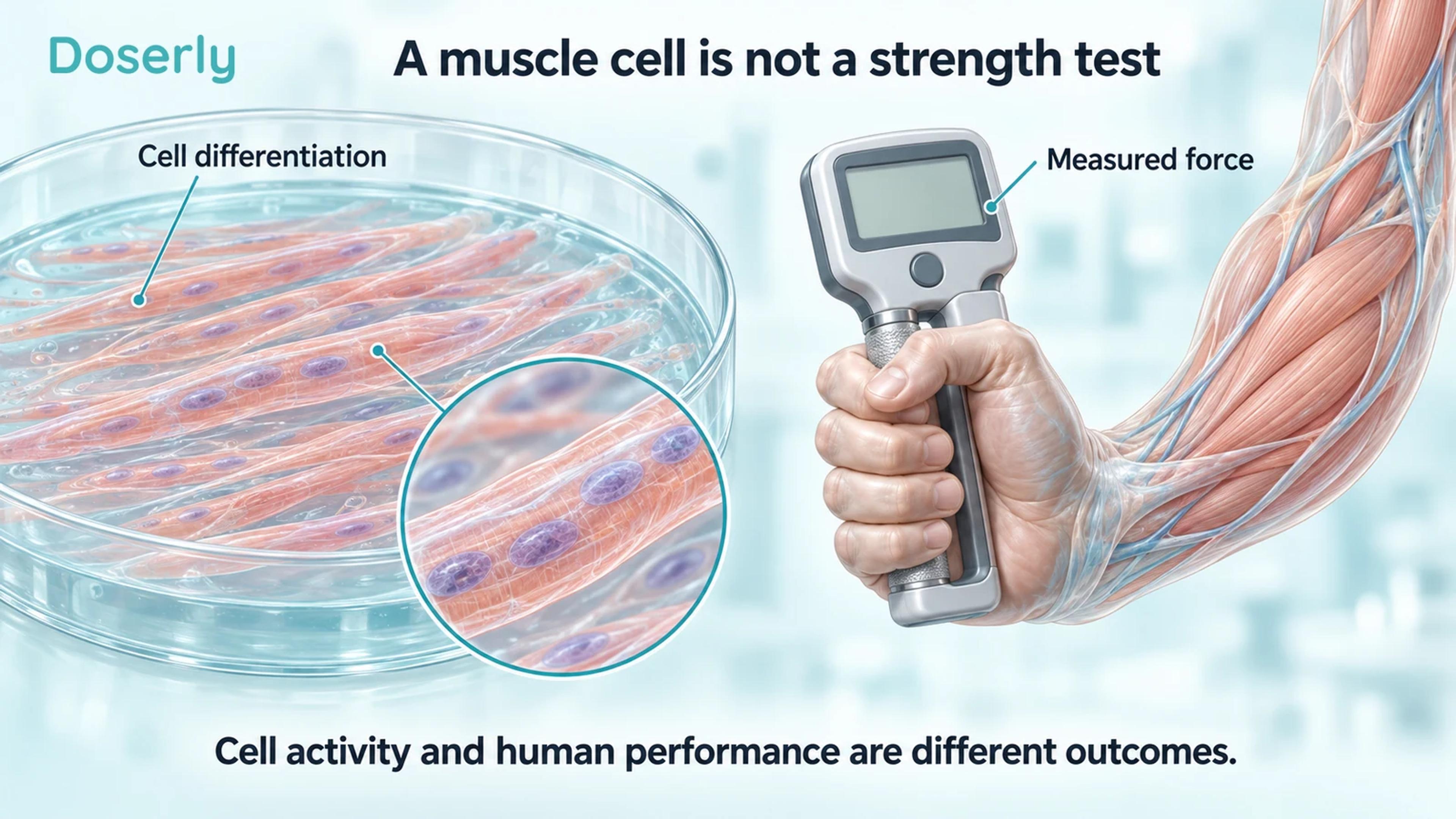 Cultured muscle myotubes beside an anatomical hand using a dynamometer with a blank display