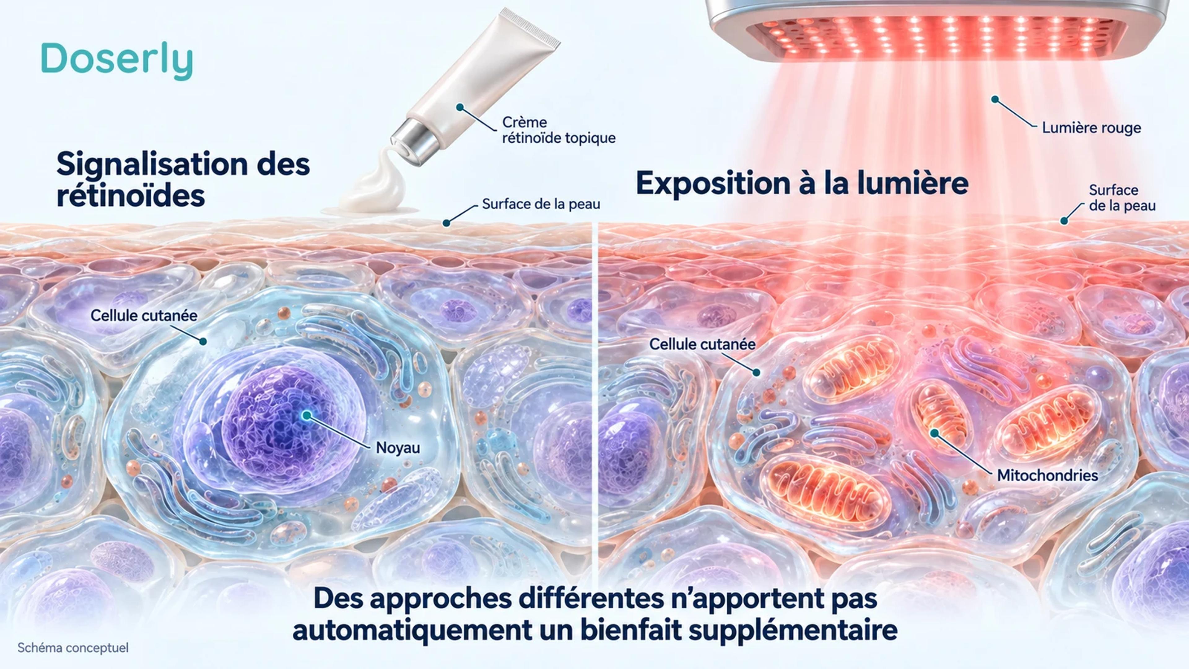 Des illustrations schématiques de cellules cutanées distinguent la signalisation des rétinoïdes de l’exposition à la lumière, sans affirmer que leur combinaison améliore les résultats.