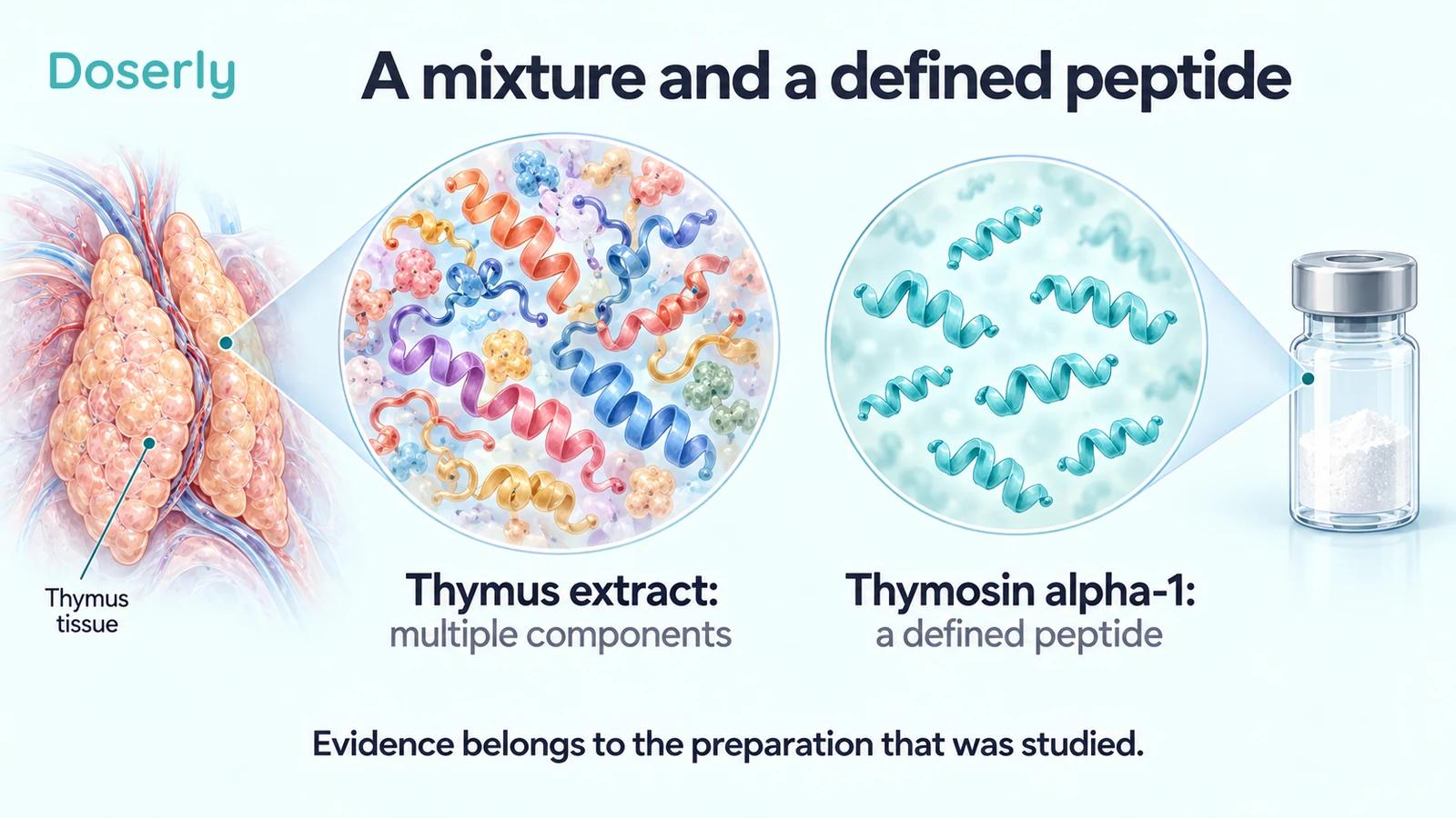 Different conceptual peptide shapes represent a thymus extract beside repeated identical shapes representing a defined peptide.