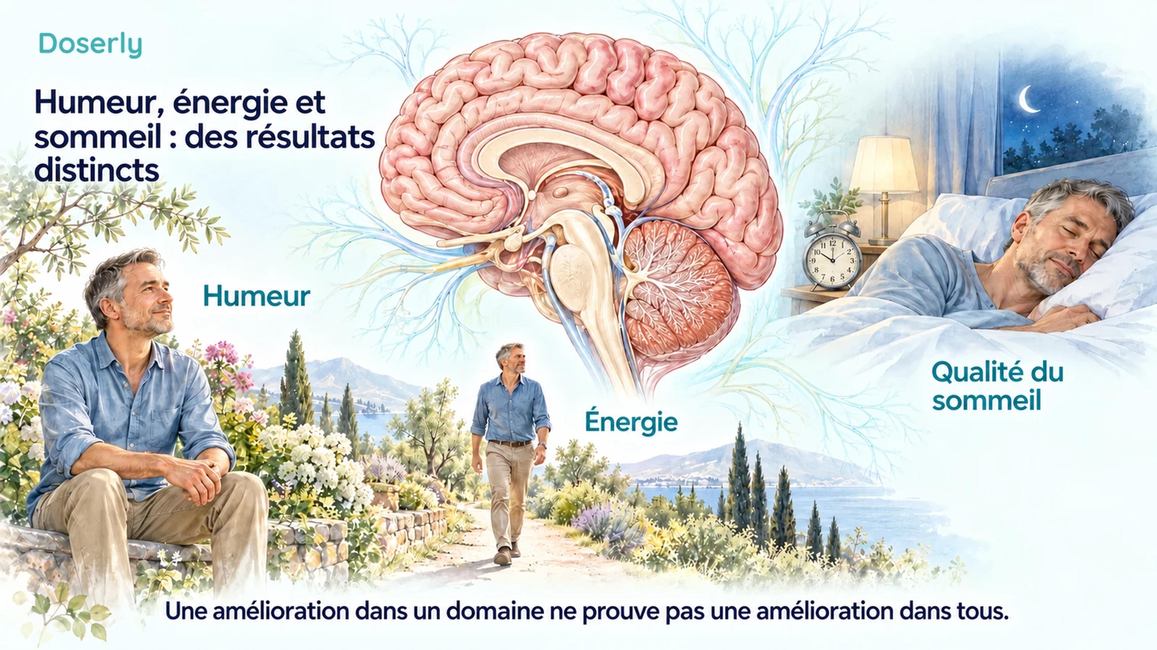 Un cerveau anatomique et des scènes du quotidien illustrées présentent l’humeur, l’énergie et la qualité du sommeil comme des résultats distincts.