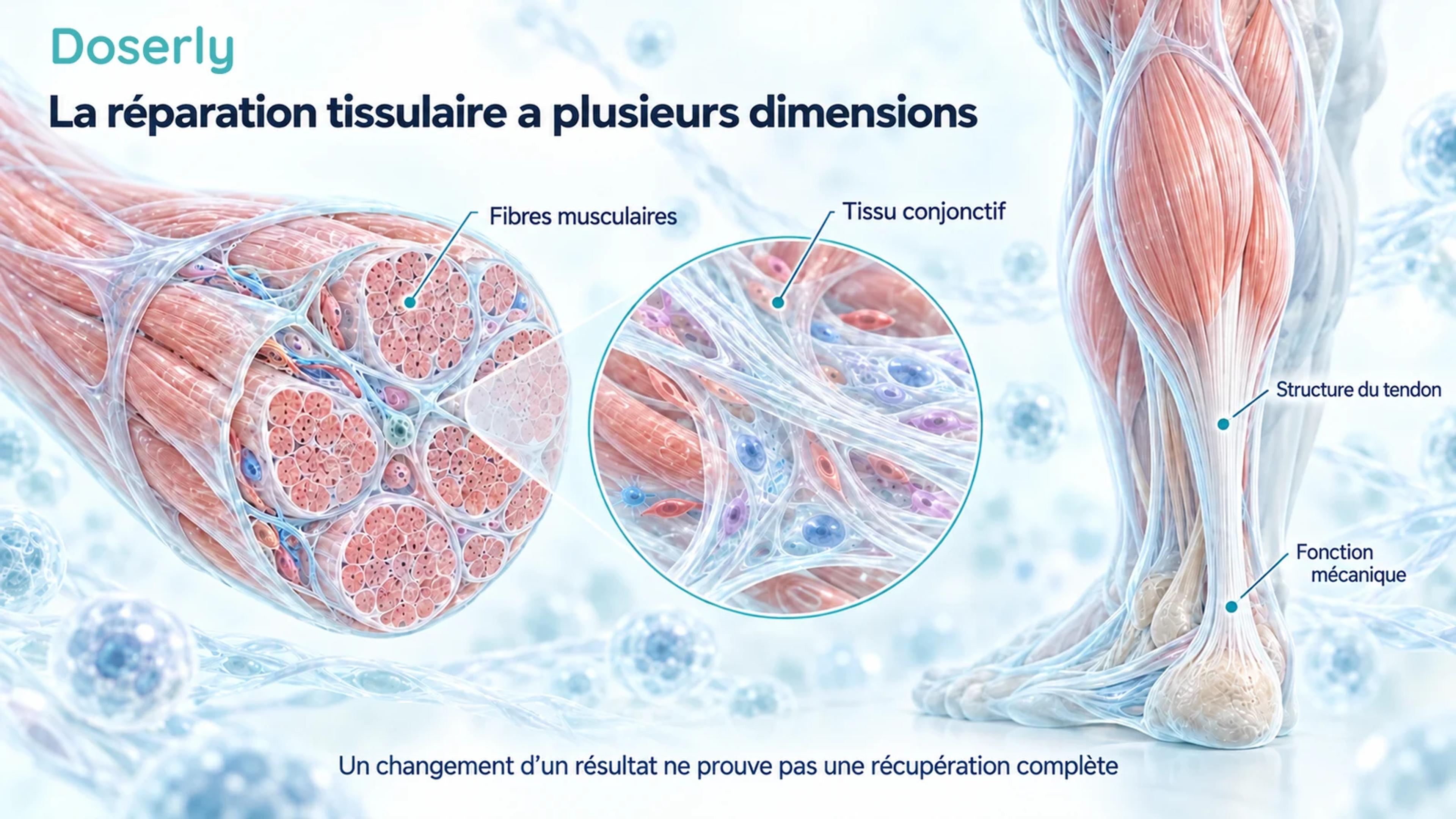 Des fibres musculaires détaillées, du tissu conjonctif et l’anatomie reliant le mollet au tendon d’Achille montrent des aspects structuraux et mécaniques distincts de la réparation tissulaire.