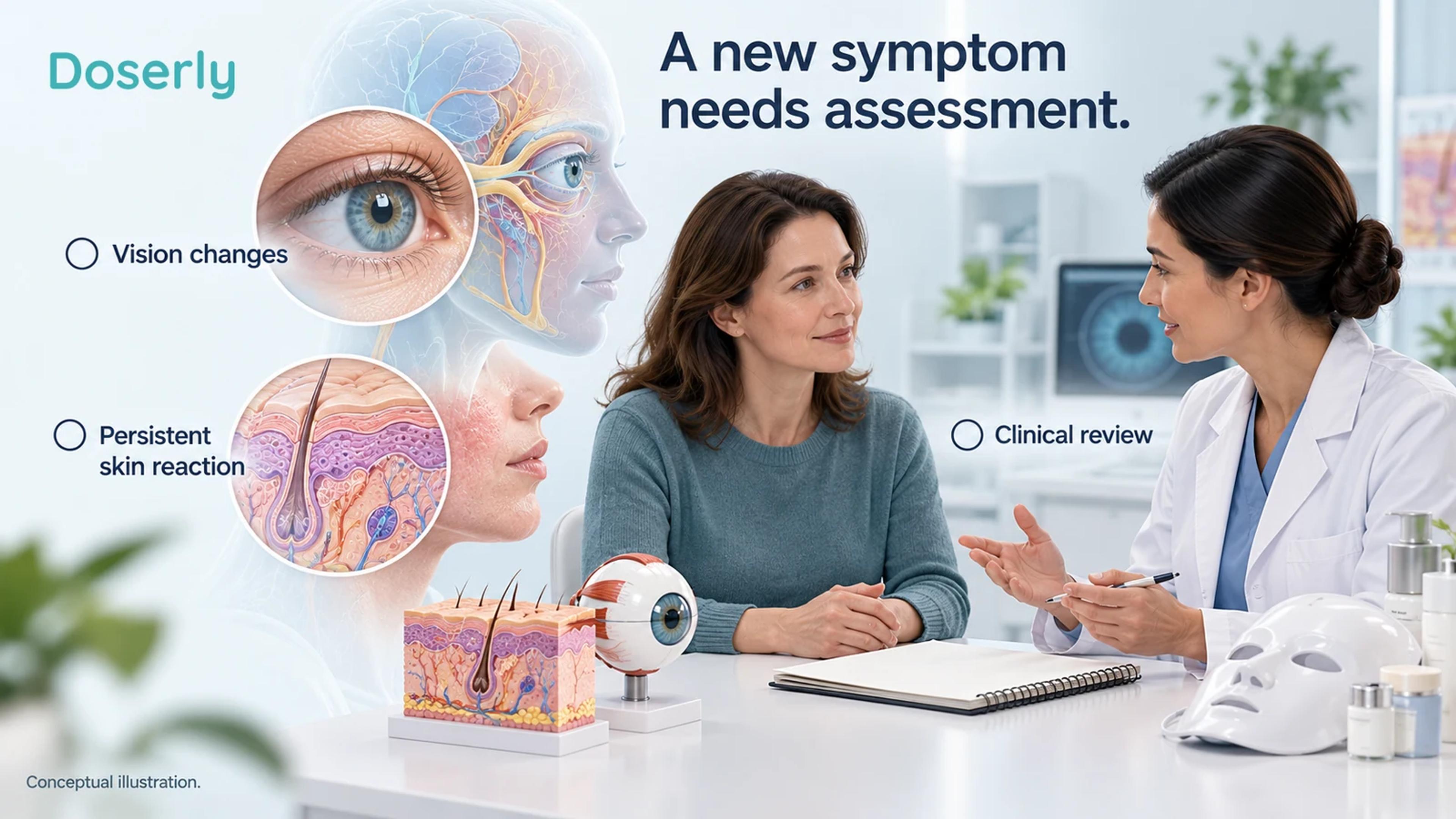 An adult and clinician discuss new symptoms beside anatomical eye and skin models with a light device set aside.