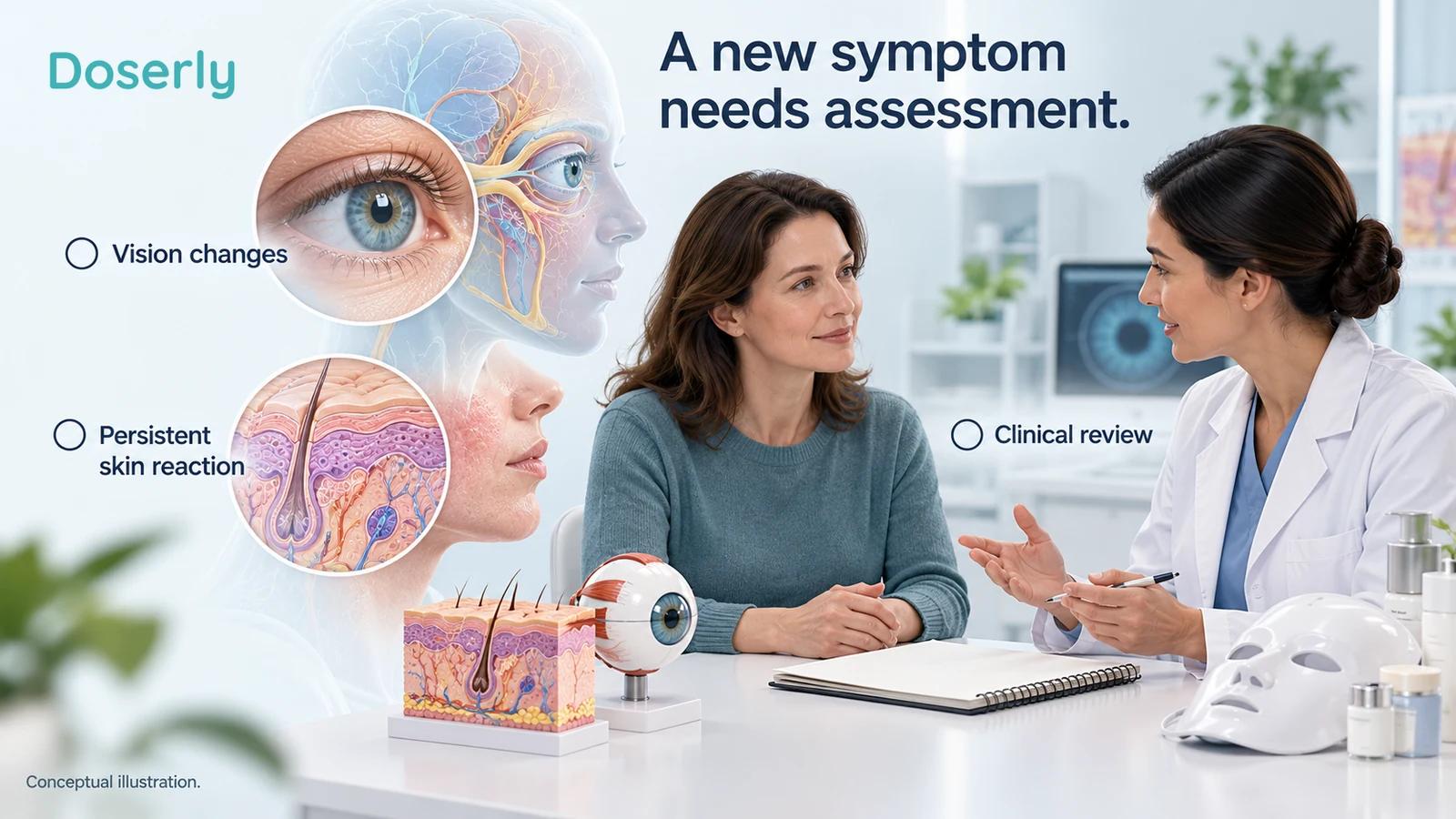 An adult and clinician discuss new symptoms beside anatomical eye and skin models with a light device set aside.
