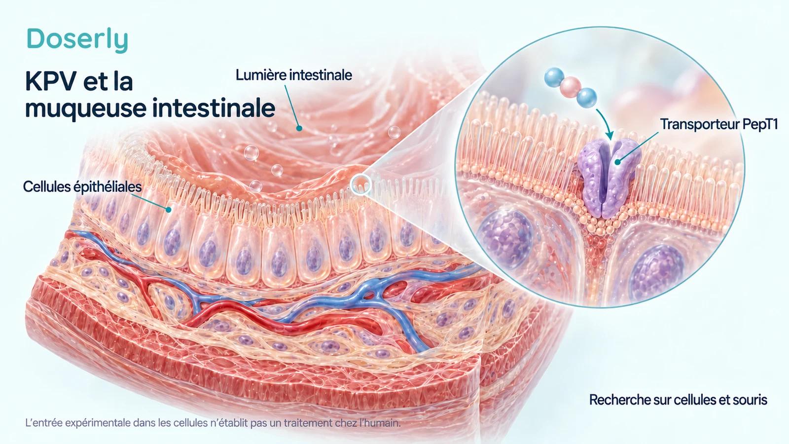 Tissu intestinal schématique avec des cellules épithéliales et un transporteur PepT1 agrandi, illustrant l’entrée expérimentale du KPV dans les cellules.