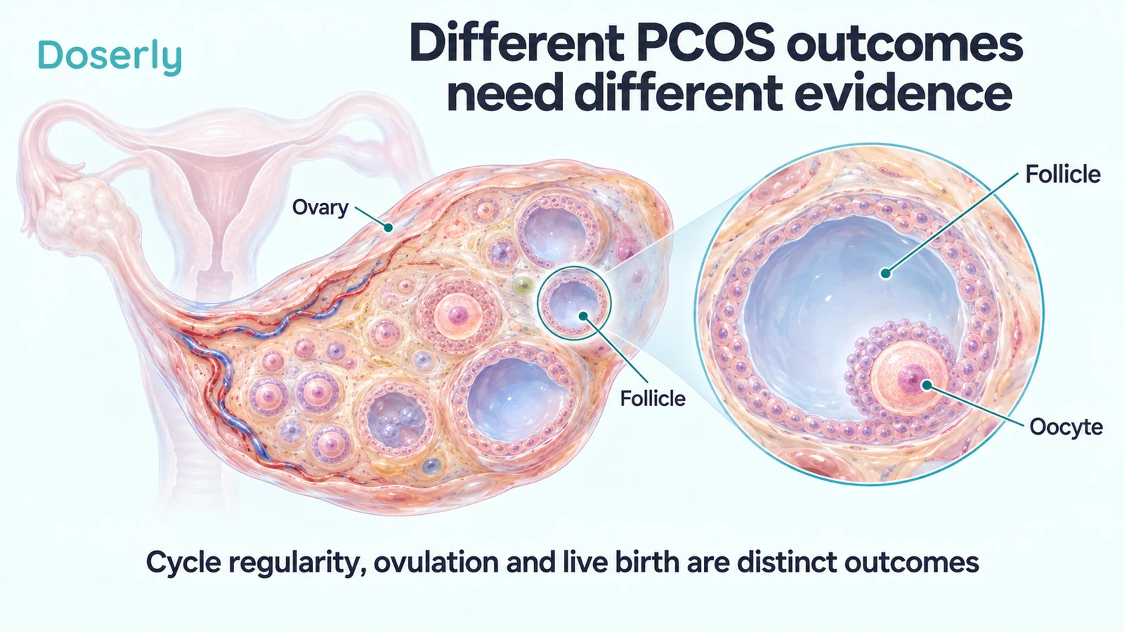 Detailed ovary and follicle illustration with an oocyte, showing the anatomy relevant to distinct reproductive outcomes