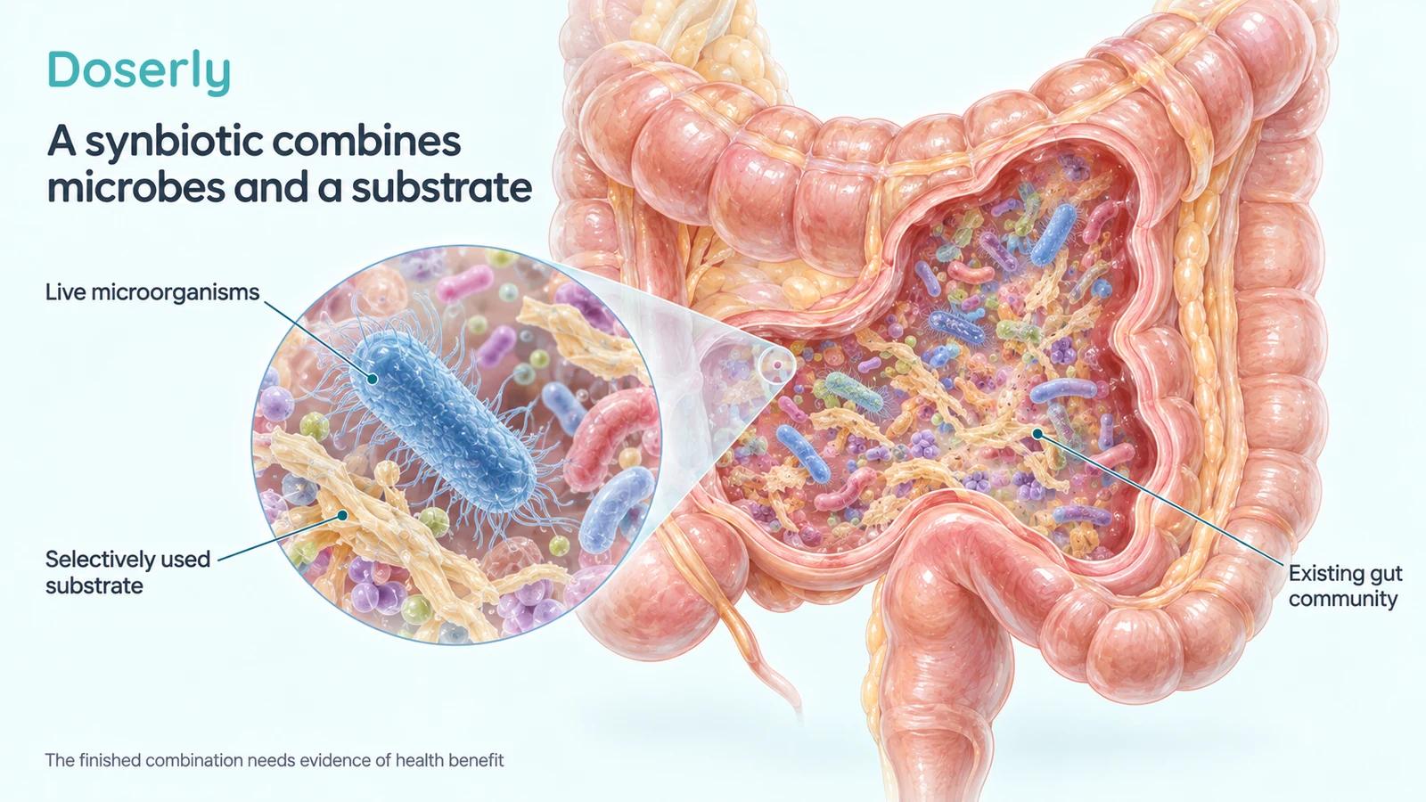 Detailed colon cutaway with a magnified view of living microbes and substrate particles among an existing intestinal community.