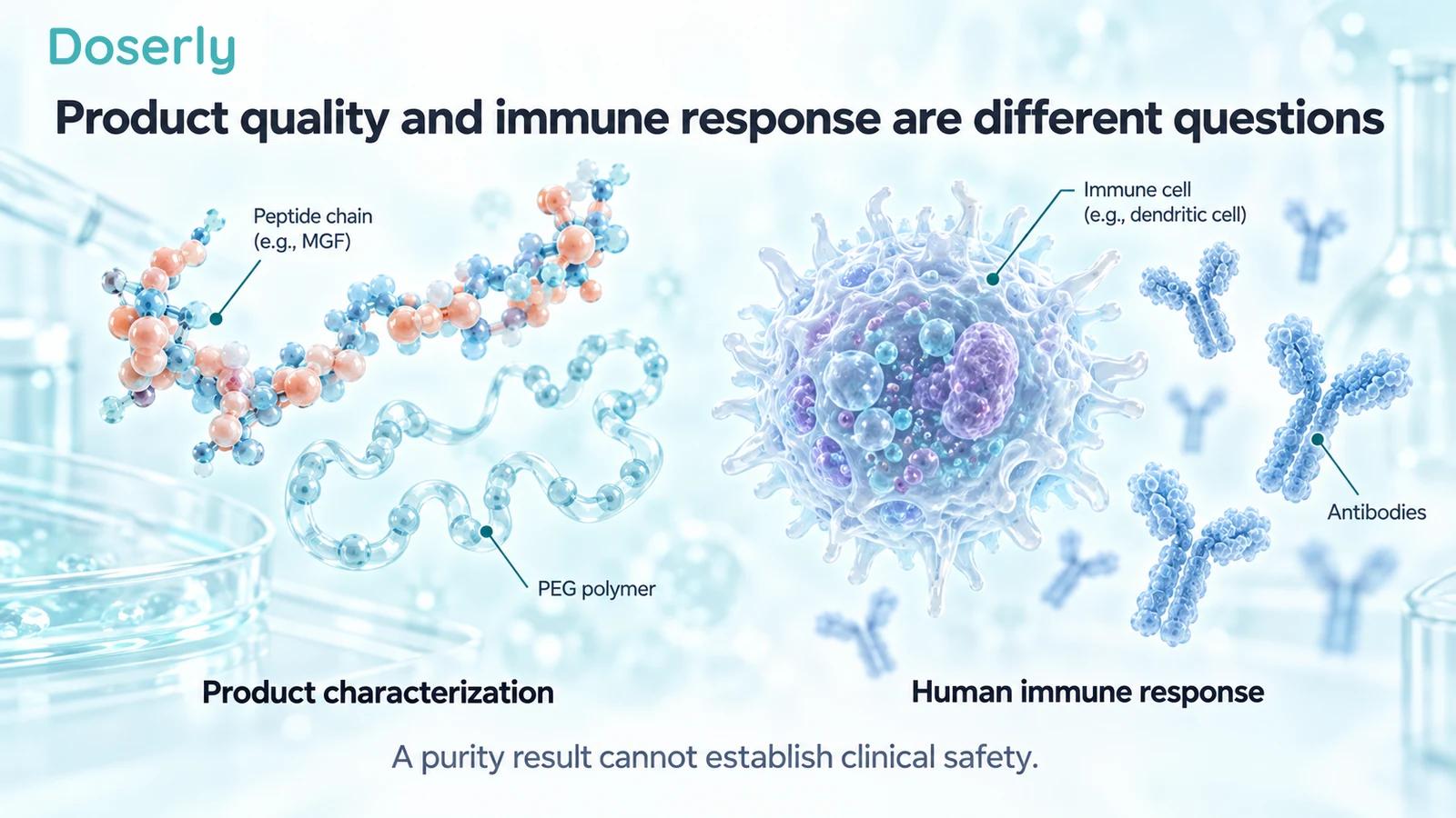 A conceptual peptide and PEG structure is shown separately from detailed immune-cell and antibody illustrations.