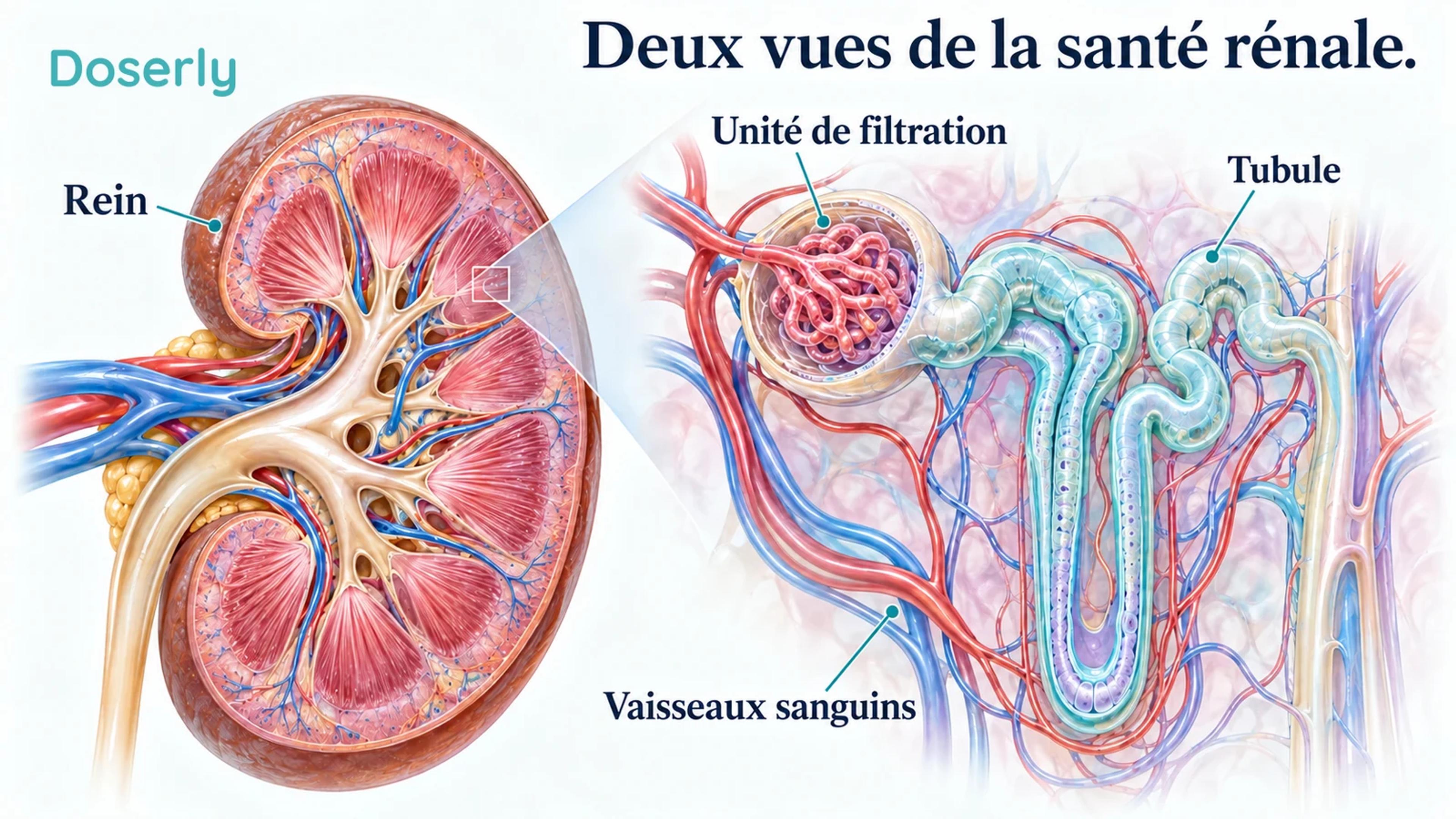 Un rein et un néphron agrandi montrent les structures de filtration, les vaisseaux sanguins voisins et un tubule.