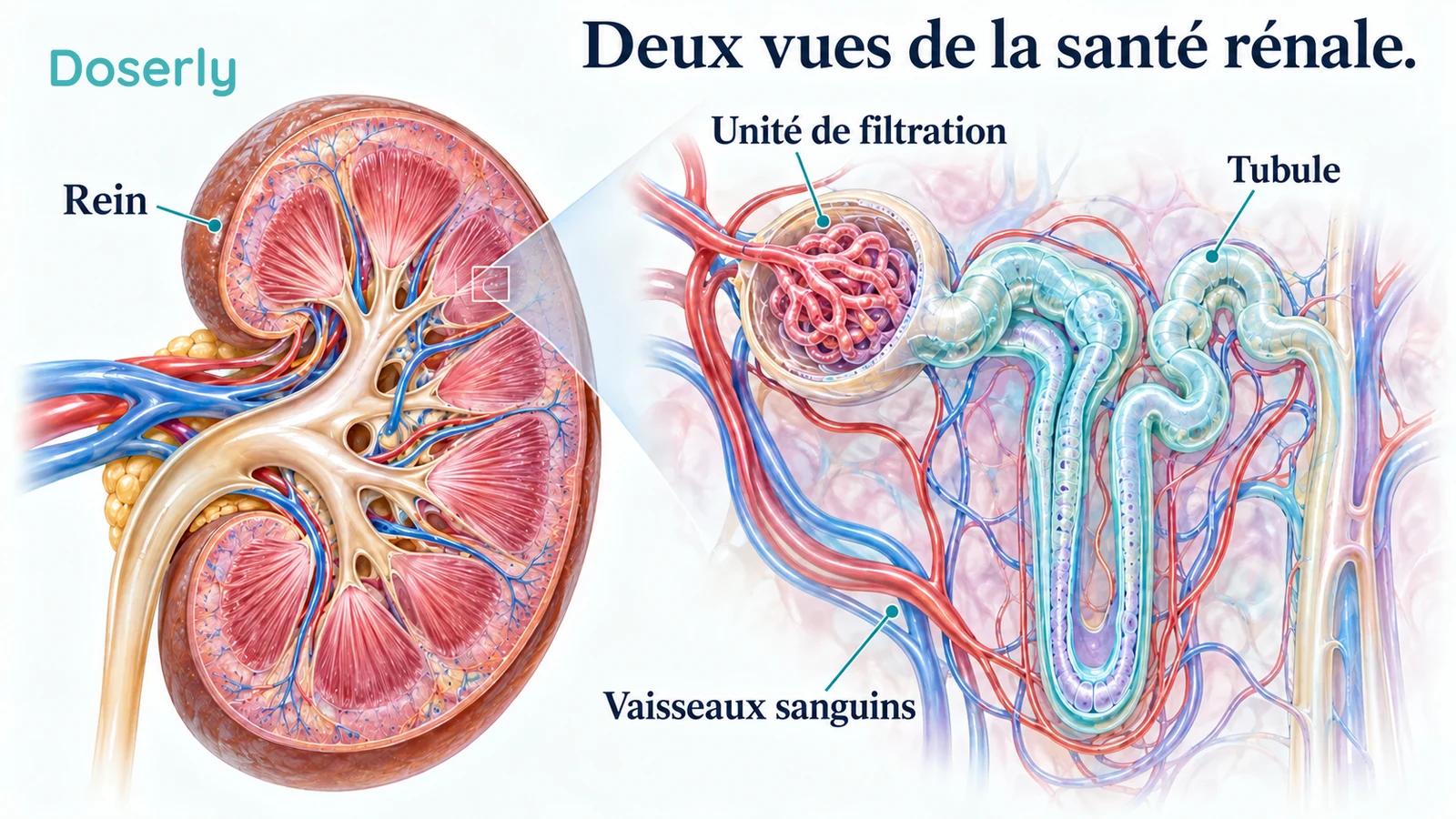 Un rein et un néphron agrandi montrent les structures de filtration, les vaisseaux sanguins voisins et un tubule.