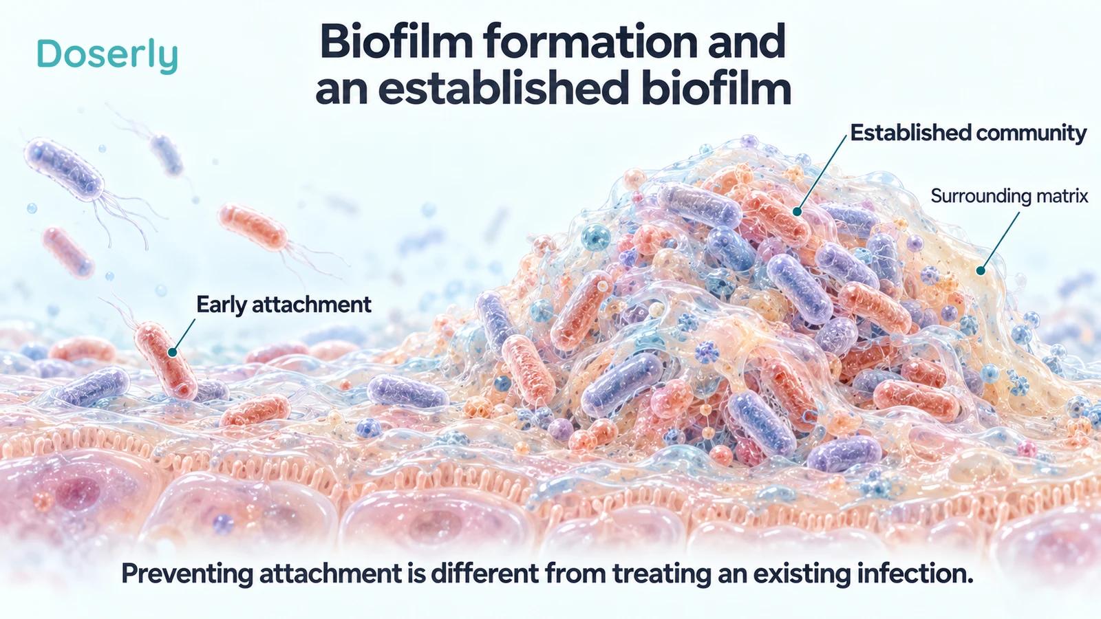 Early bacterial attachment and a mature matrix-associated community are shown on a conceptual tissue surface.