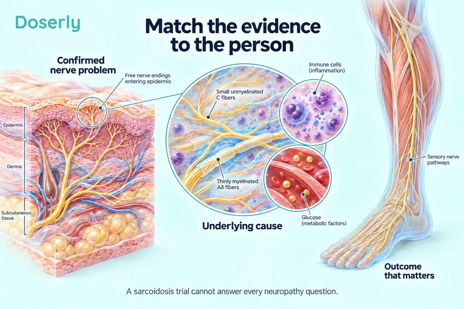 Detailed skin, peripheral nerve fibers and a translucent lower leg illustrate diagnosis, underlying cause and meaningful outcomes.