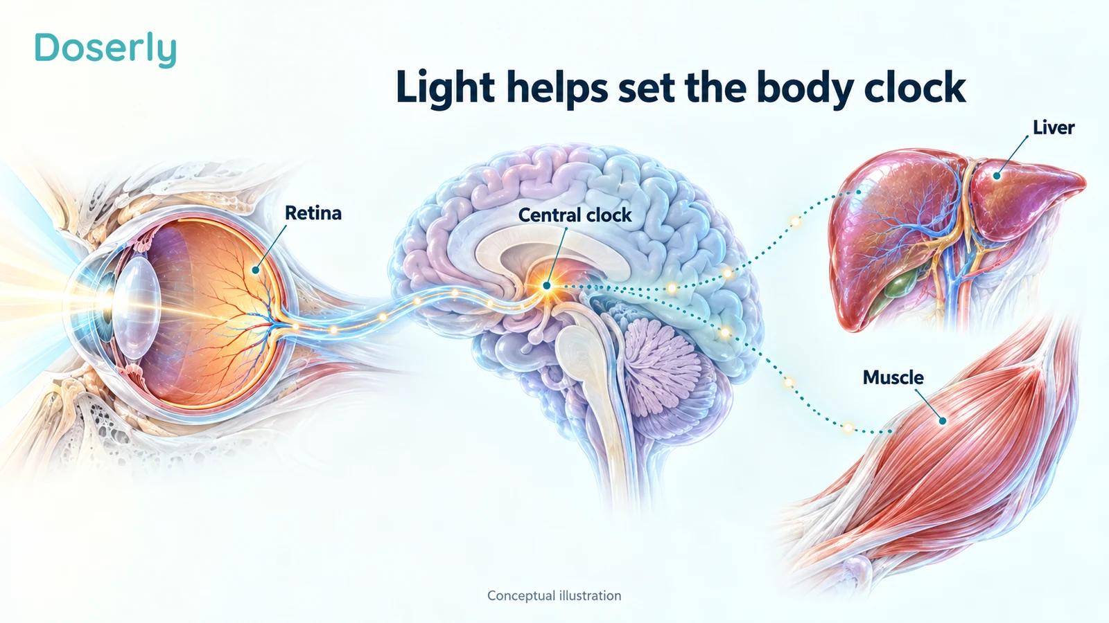 Conceptual light signals travel from the retina to the central circadian clock, with connections to rhythms in liver and muscle.