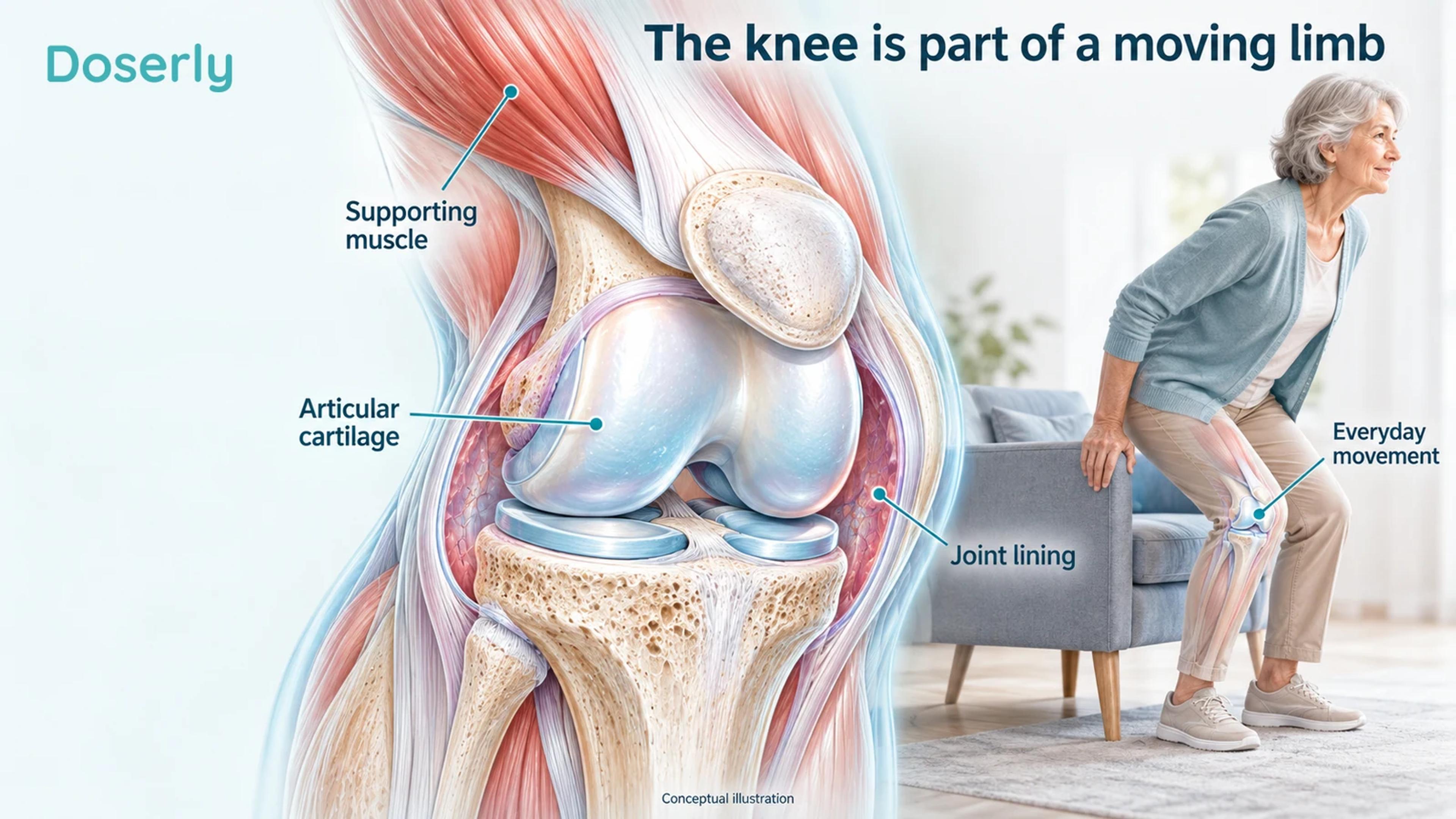 Conceptual knee cutaway showing articular cartilage, joint lining and surrounding muscle, alongside a clothed adult rising from a chair.