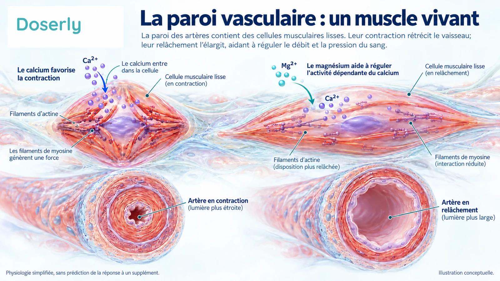 Des cellules musculaires lisses agrandies et des coupes d’artères illustrent la contraction et le relâchement, avec des symboles simplifiés représentant la signalisation du calcium et du magnésium.