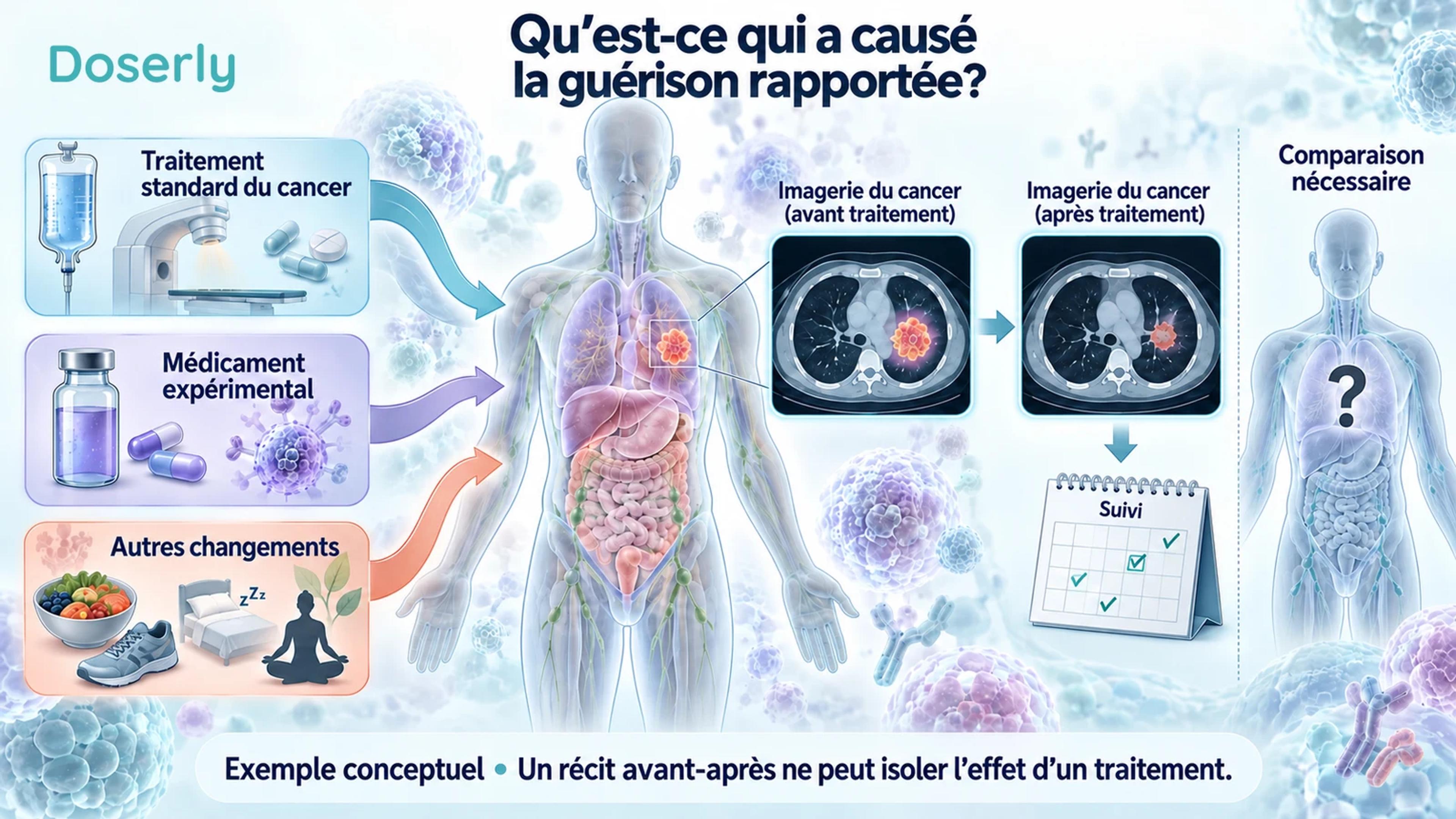 Chronologie conceptuelle de traitement montrant un traitement conventionnel, un médicament expérimental et d’autres changements convergeant avant une amélioration à l’imagerie de suivi.