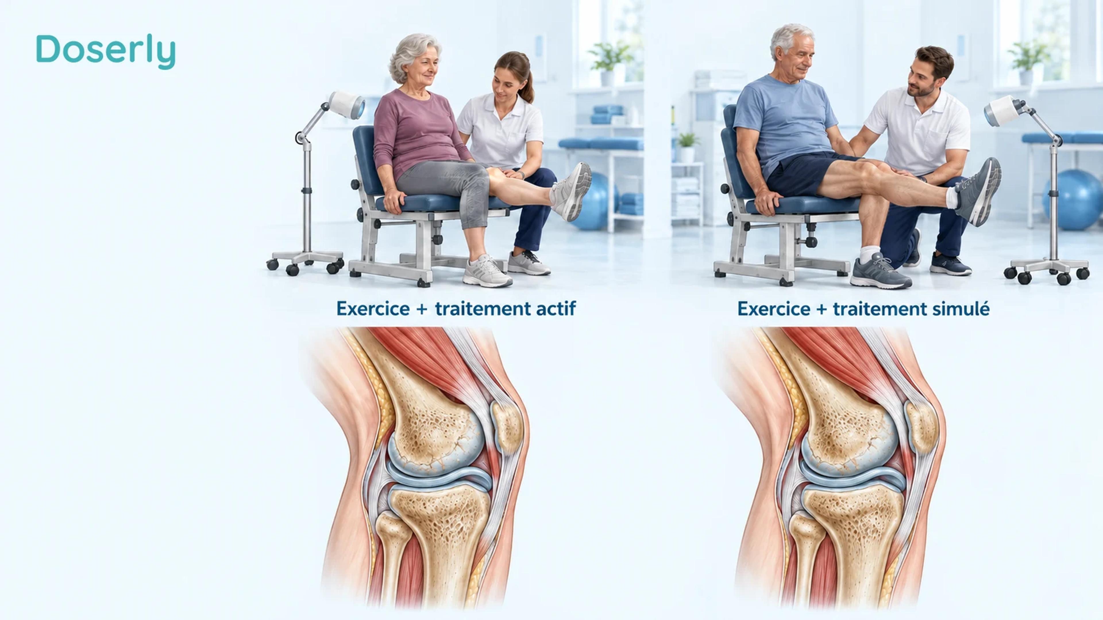Deux scènes cliniques conceptuelles montrant la même activité supervisée de renforcement du genou, avec un petit applicateur lumineux distinct et sans flèches d’amélioration.