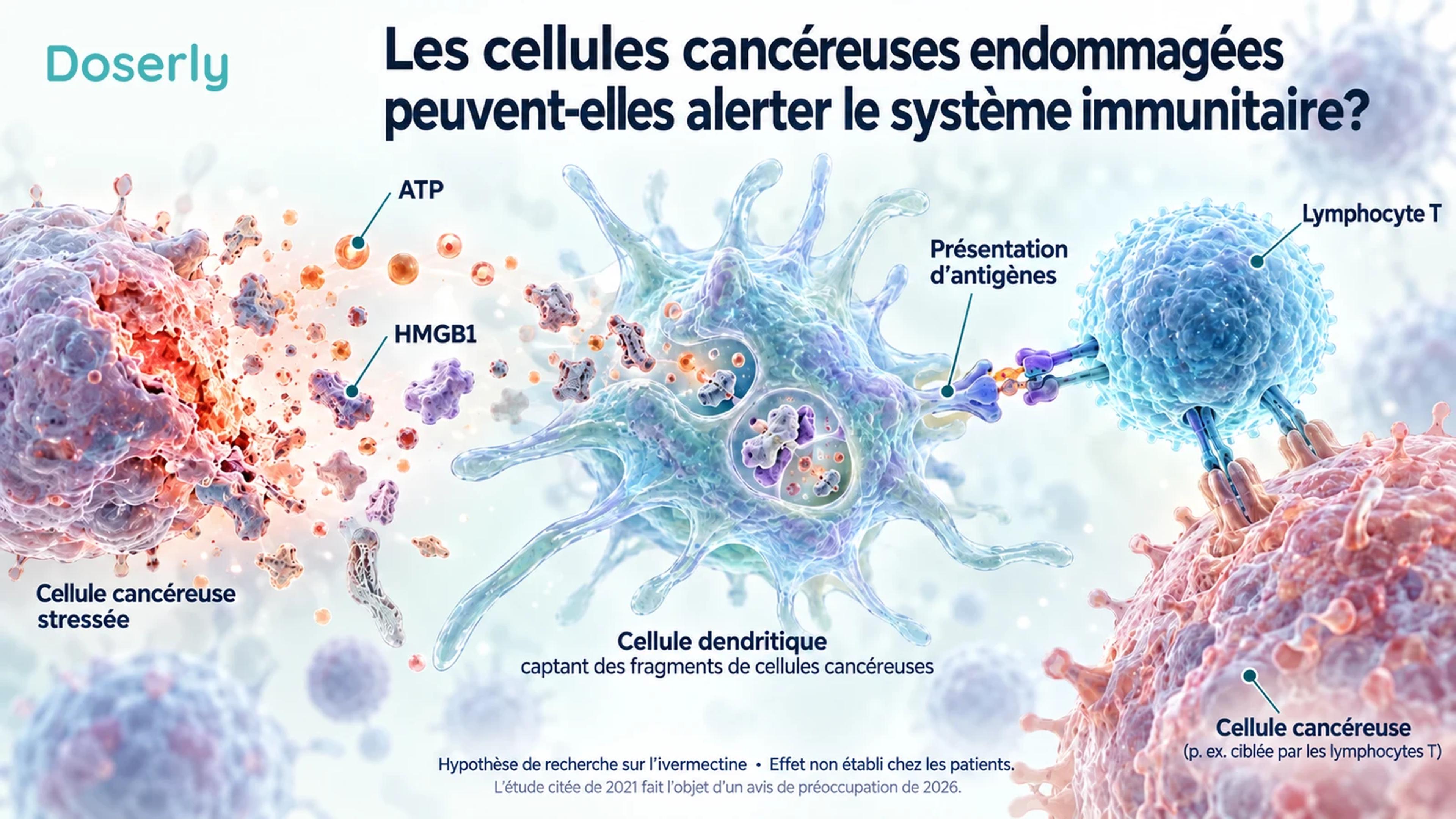 Réponse immunitaire tumorale conceptuelle montrant les signaux de cellules tumorales stressées, les cellules présentatrices d’antigènes et les lymphocytes T.
