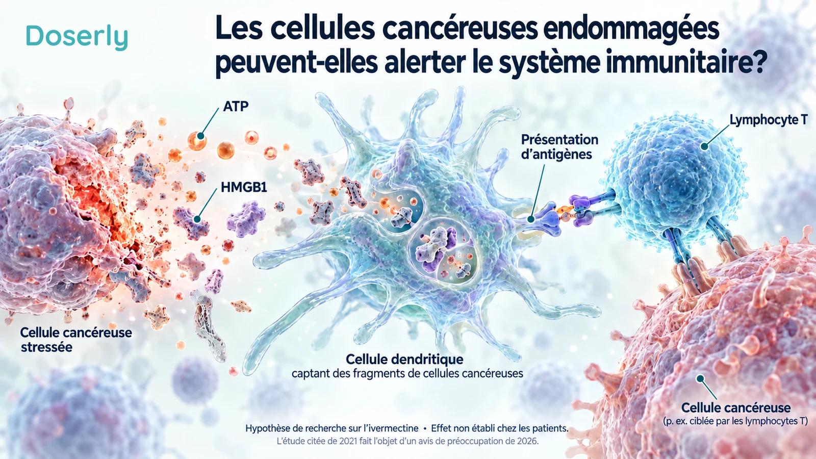 Réponse immunitaire tumorale conceptuelle montrant les signaux de cellules tumorales stressées, les cellules présentatrices d’antigènes et les lymphocytes T.
