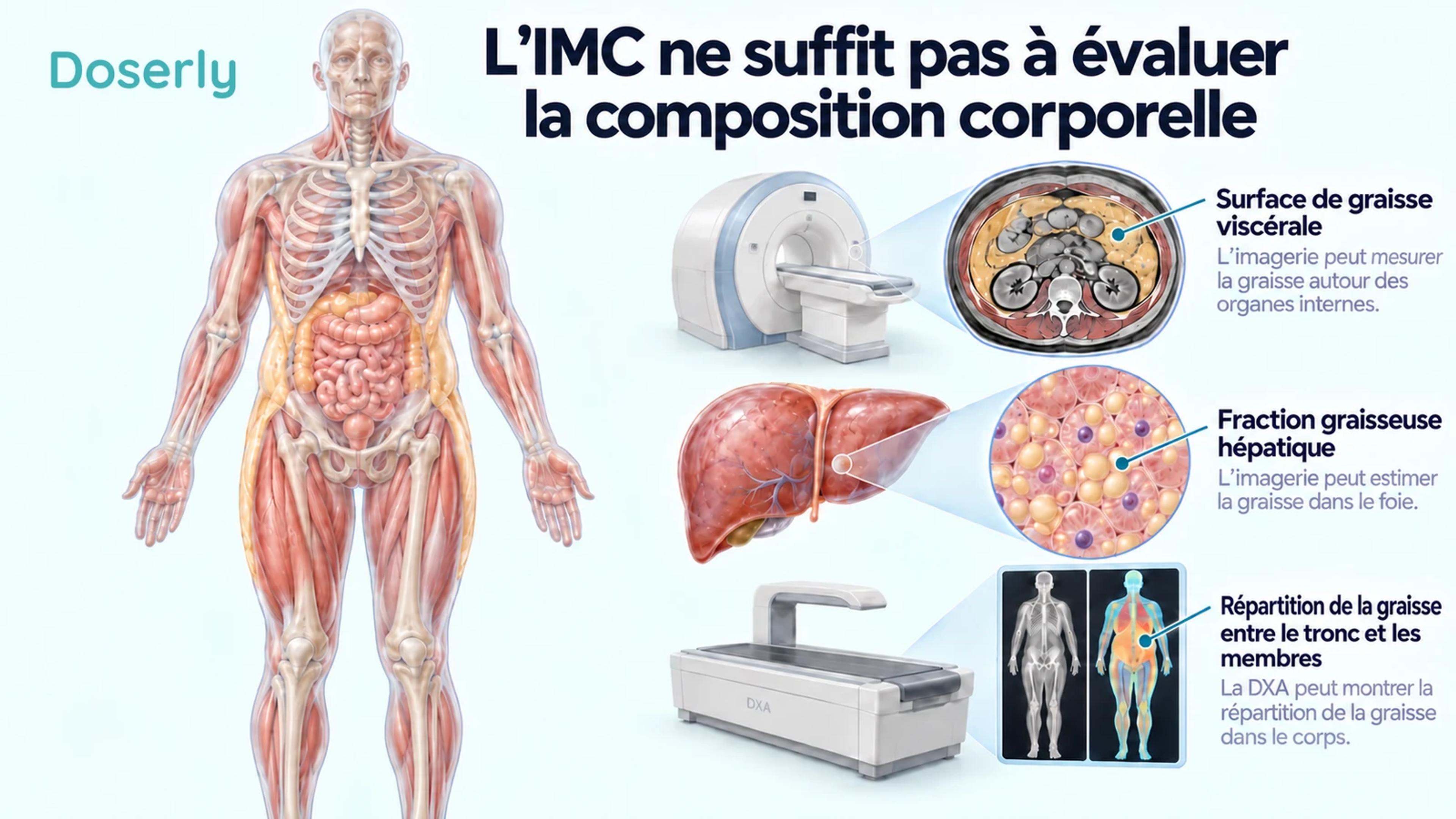 Illustration d’une évaluation de la composition corporelle combinant l’imagerie abdominale, l’évaluation de la graisse hépatique et la mesure de la graisse régionale de l’ensemble du corps