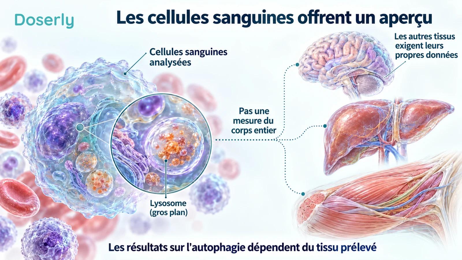 Une cellule immunitaire et un lysosome sont montrés séparément des tissus du cerveau, du foie et des muscles