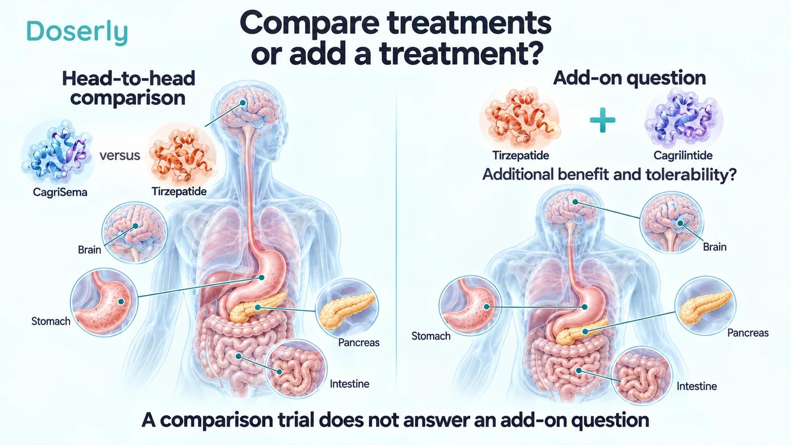Two anatomical scenes distinguish a head-to-head comparison from a cagrilintide add-on question