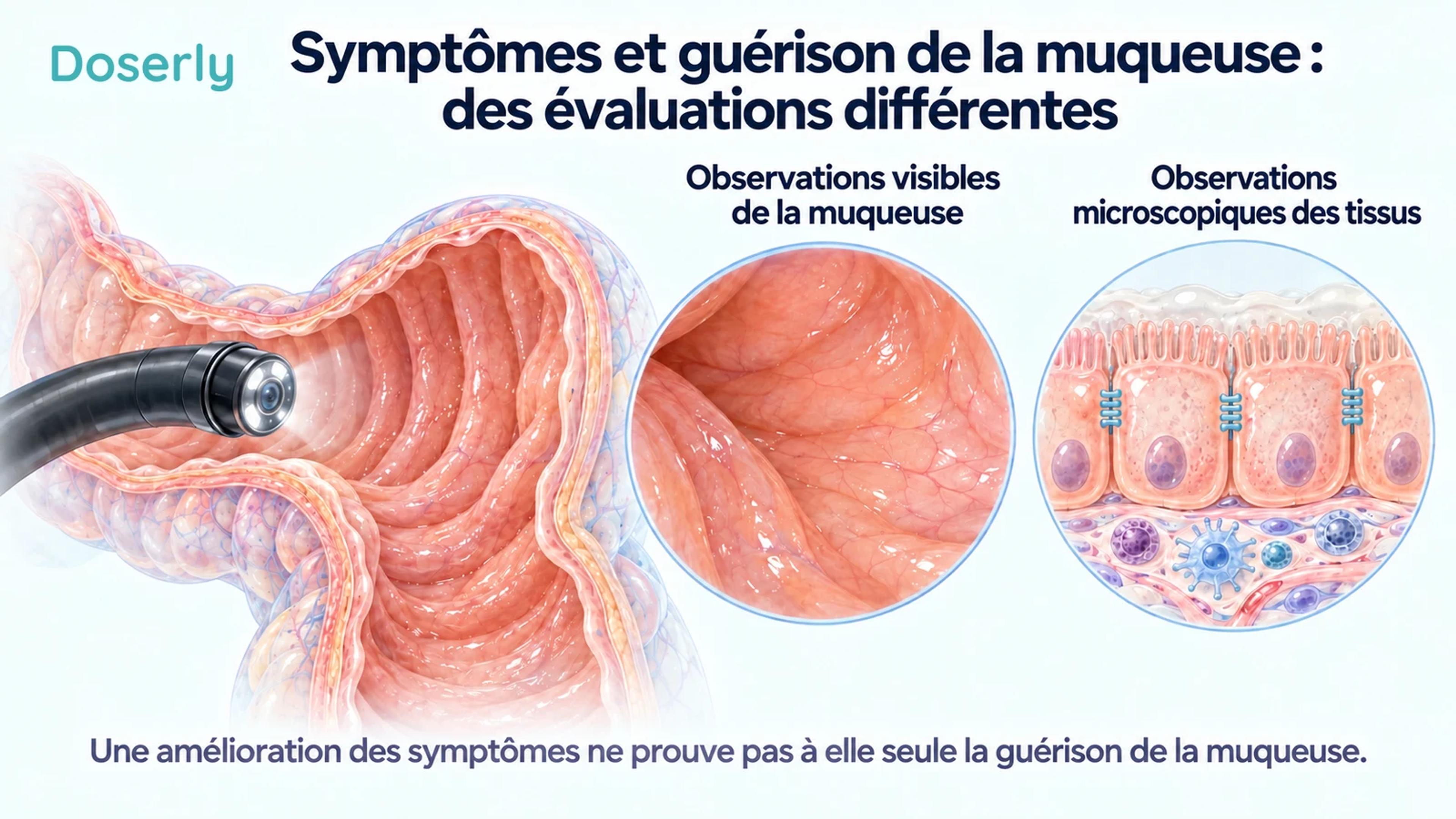 Des illustrations du côlon et des tissus de la muqueuse distinguent les observations visibles de la paroi interne de l’évaluation microscopique de l’épithélium.
