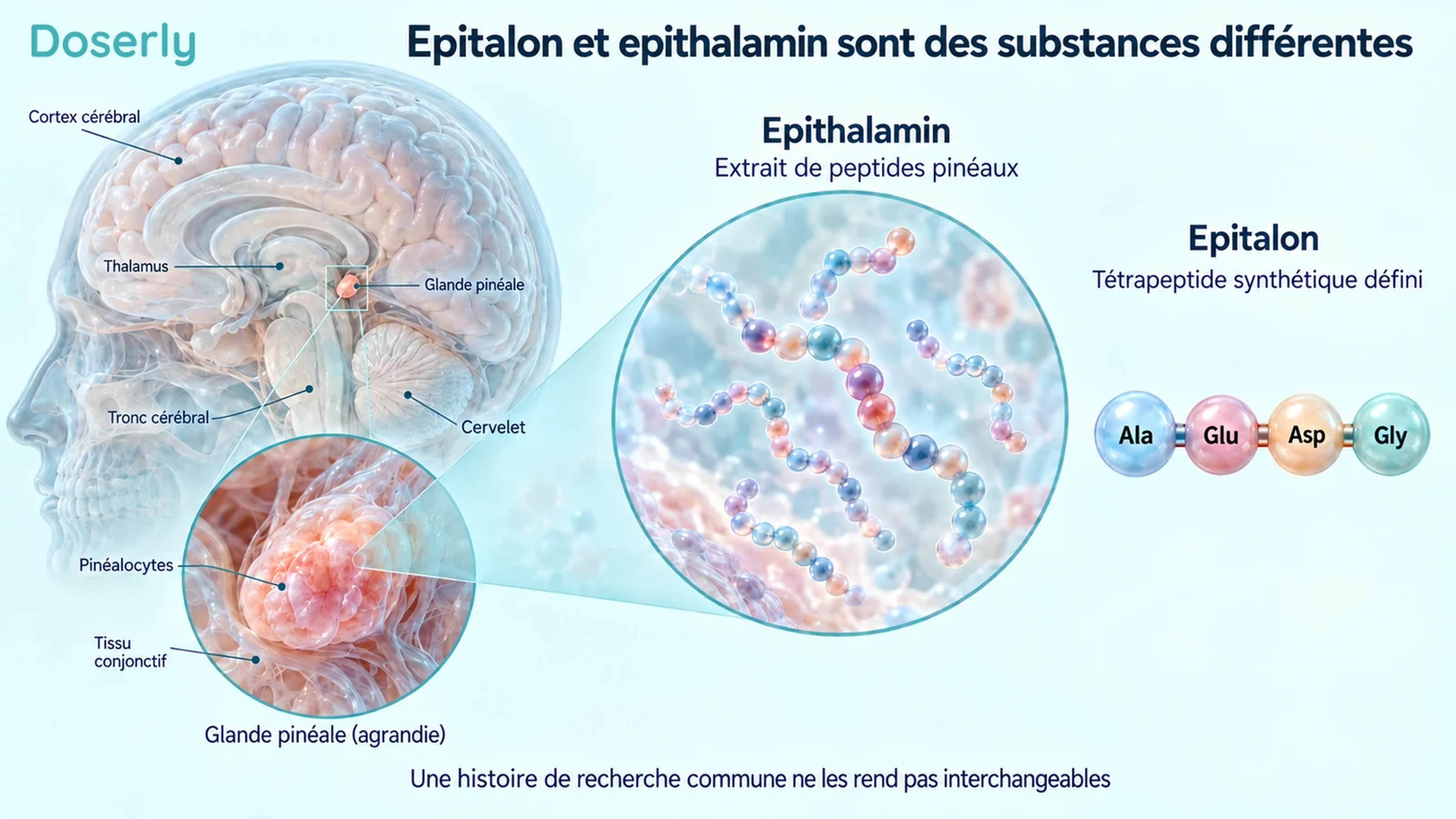 Anatomie de la glande pinéale et schéma d’un mélange de chaînes peptidiques à côté de la séquence de quatre acides aminés de l’Epitalon synthétique.
