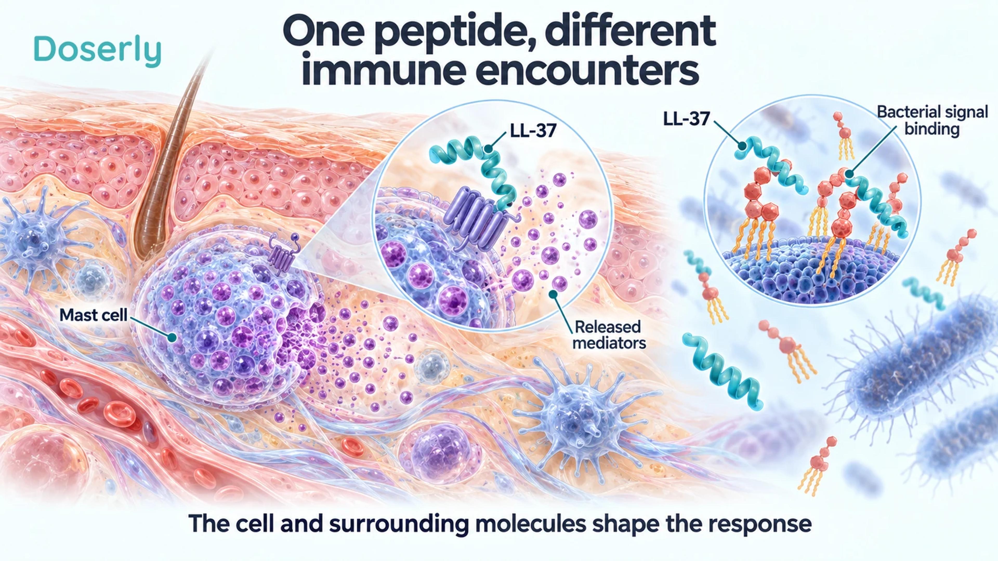A skin cutaway shows a mast cell releasing mediators beside a separate conceptual LL-37 interaction with bacterial membrane signals.