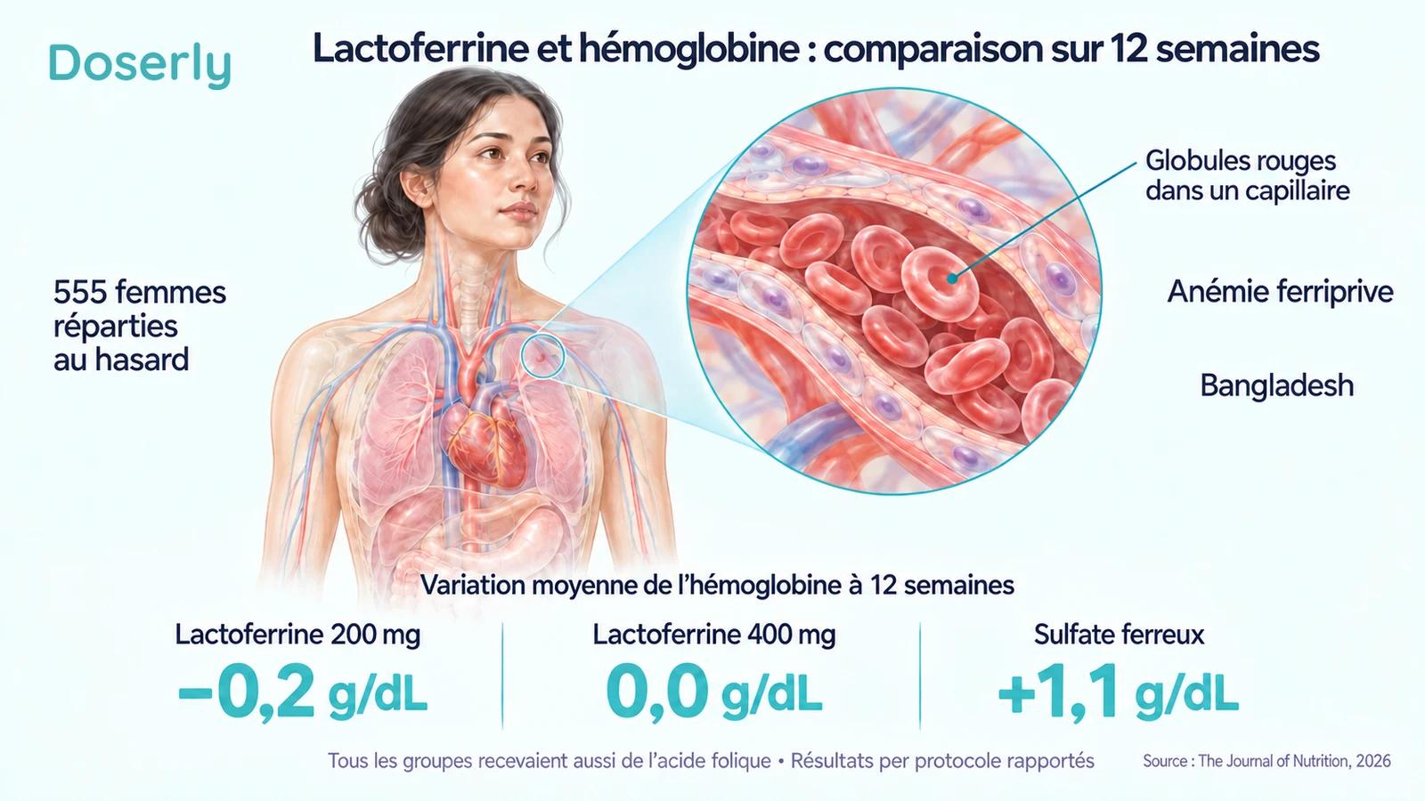 Illustration d’un essai de 12 semaines montrant des variations moyennes de l’hémoglobine de moins 0,2 g/dL avec 200 mg de lactoferrine, de zéro avec 400 mg de lactoferrine et de plus 1,1 g/dL avec le sulfate ferreux.