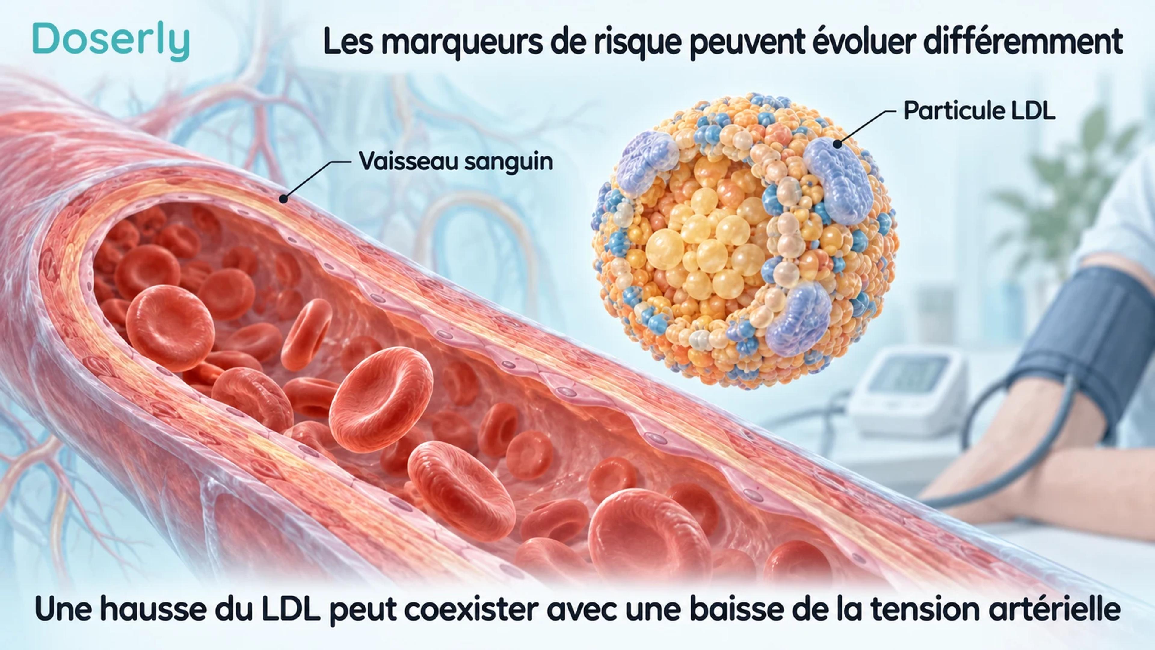 Vaisseau sanguin et particule LDL conceptuelle agrandie, avec un brassard de tensiomètre en arrière-plan.