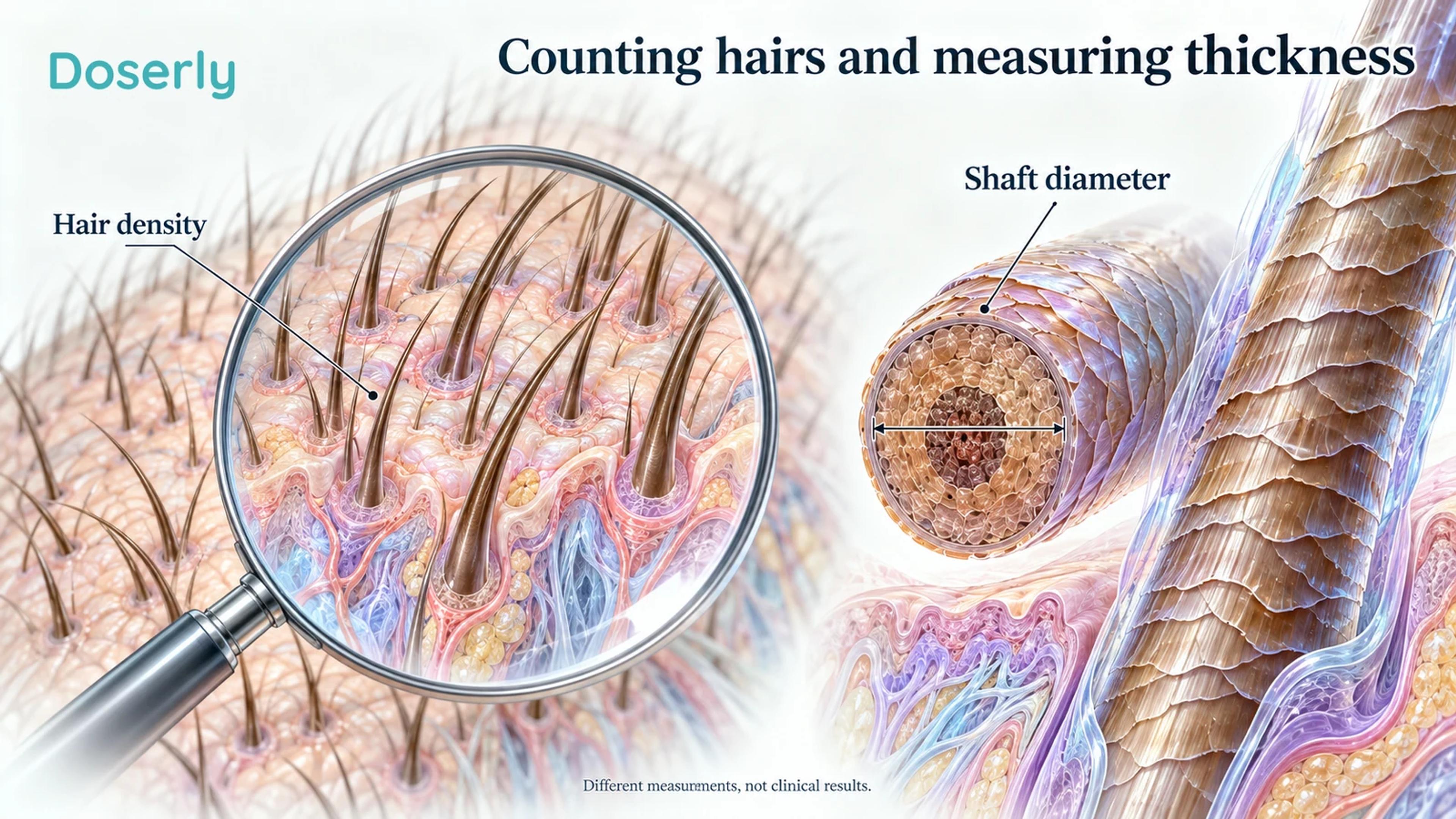 Magnified scalp hairs beside an enlarged hair shaft cross-section with a diameter marker.