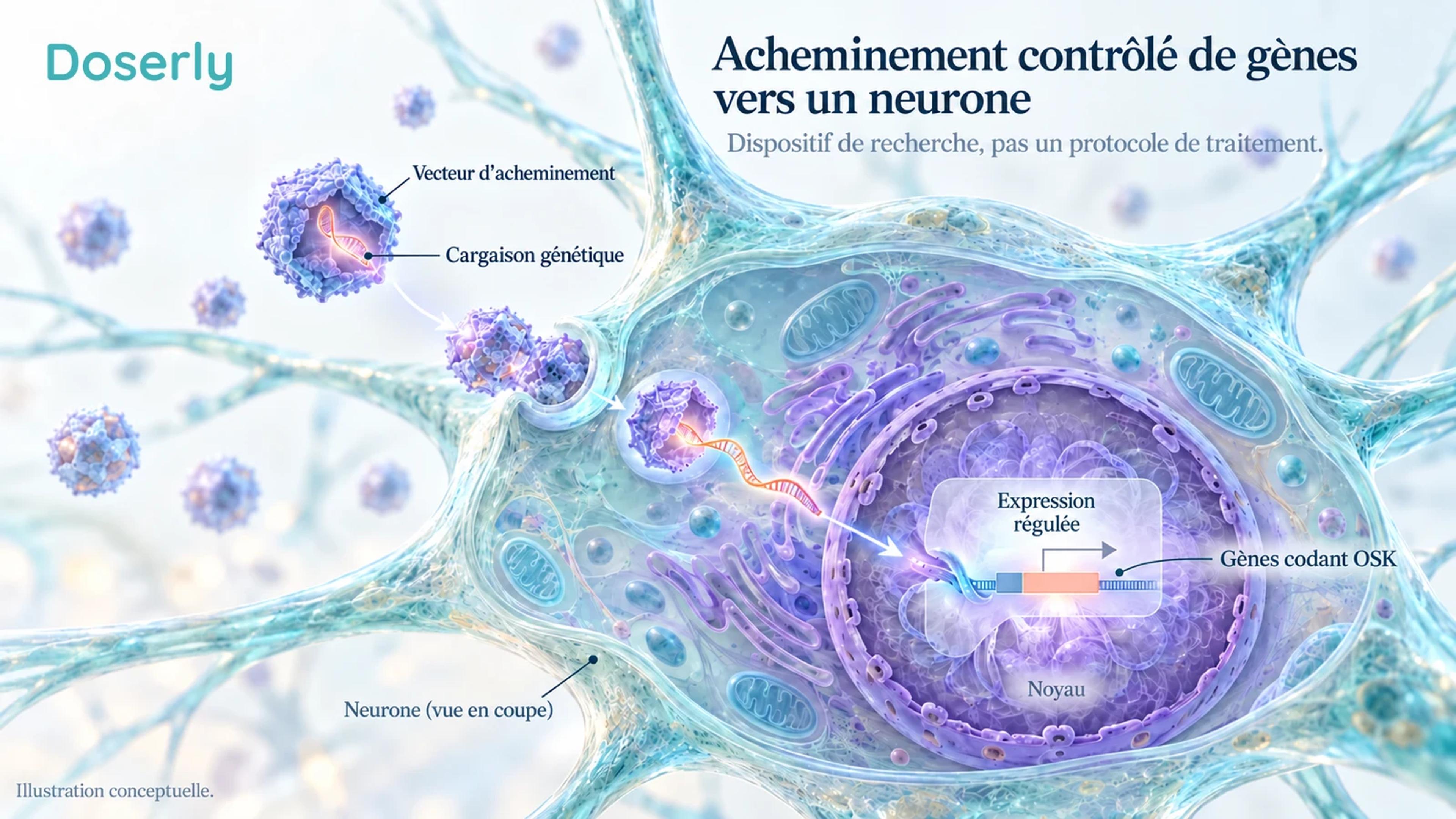 Schéma d’acheminement par AAV dans une cellule rétinienne, avec une cargaison génétique distincte et une expression régulée dans le noyau