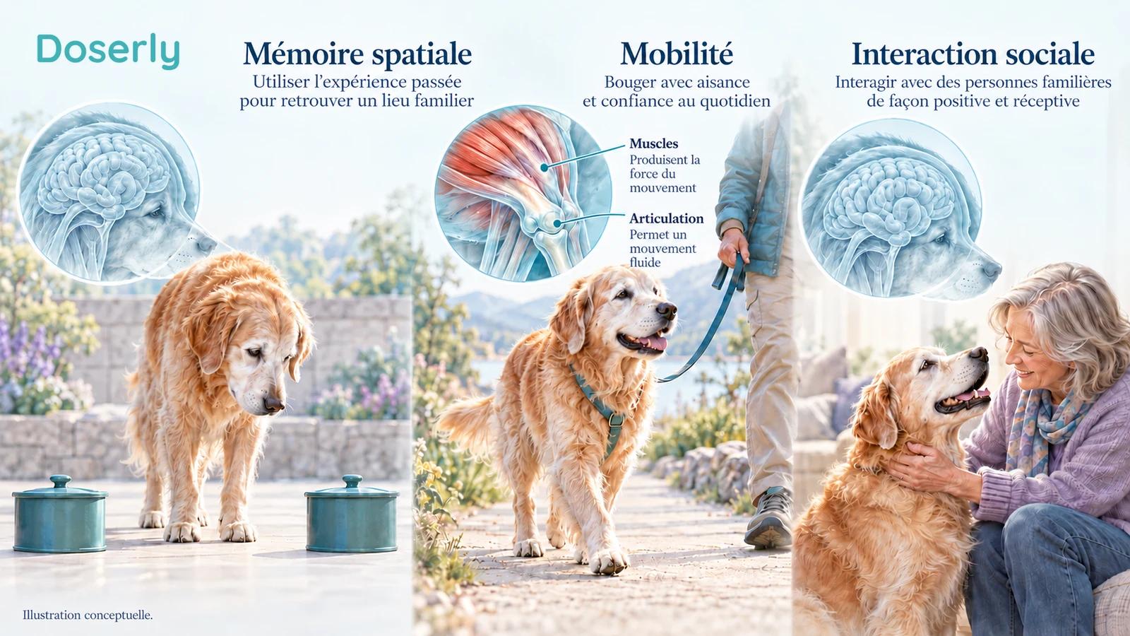 Chien âgé réalisant une tâche simple de mémoire spatiale avec deux contenants couverts, accompagnée de vignettes calmes sur la mobilité et les interactions sociales