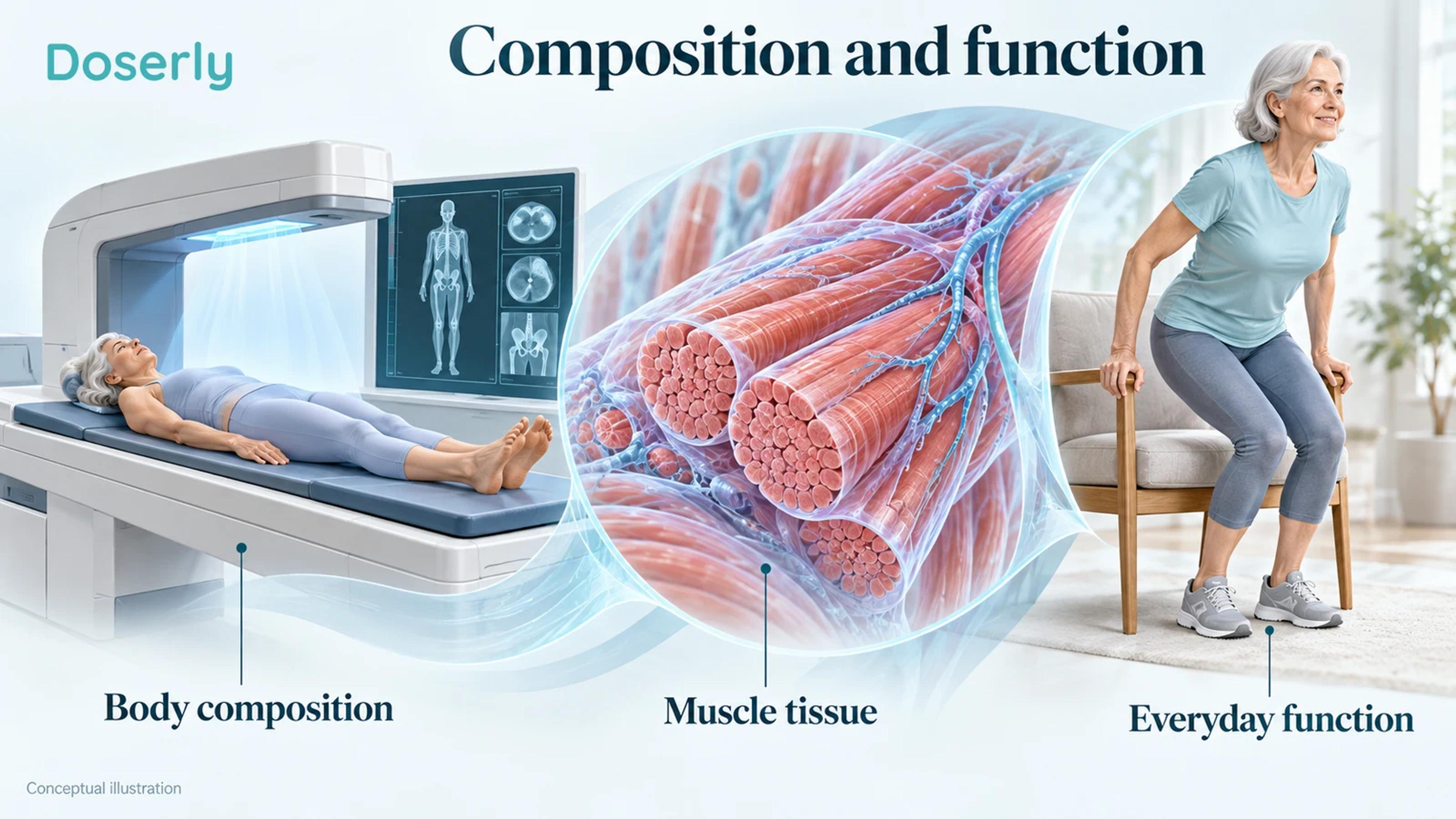 Conceptual comparison of a DXA body-composition assessment, muscle fibres and an older adult rising from a chair.