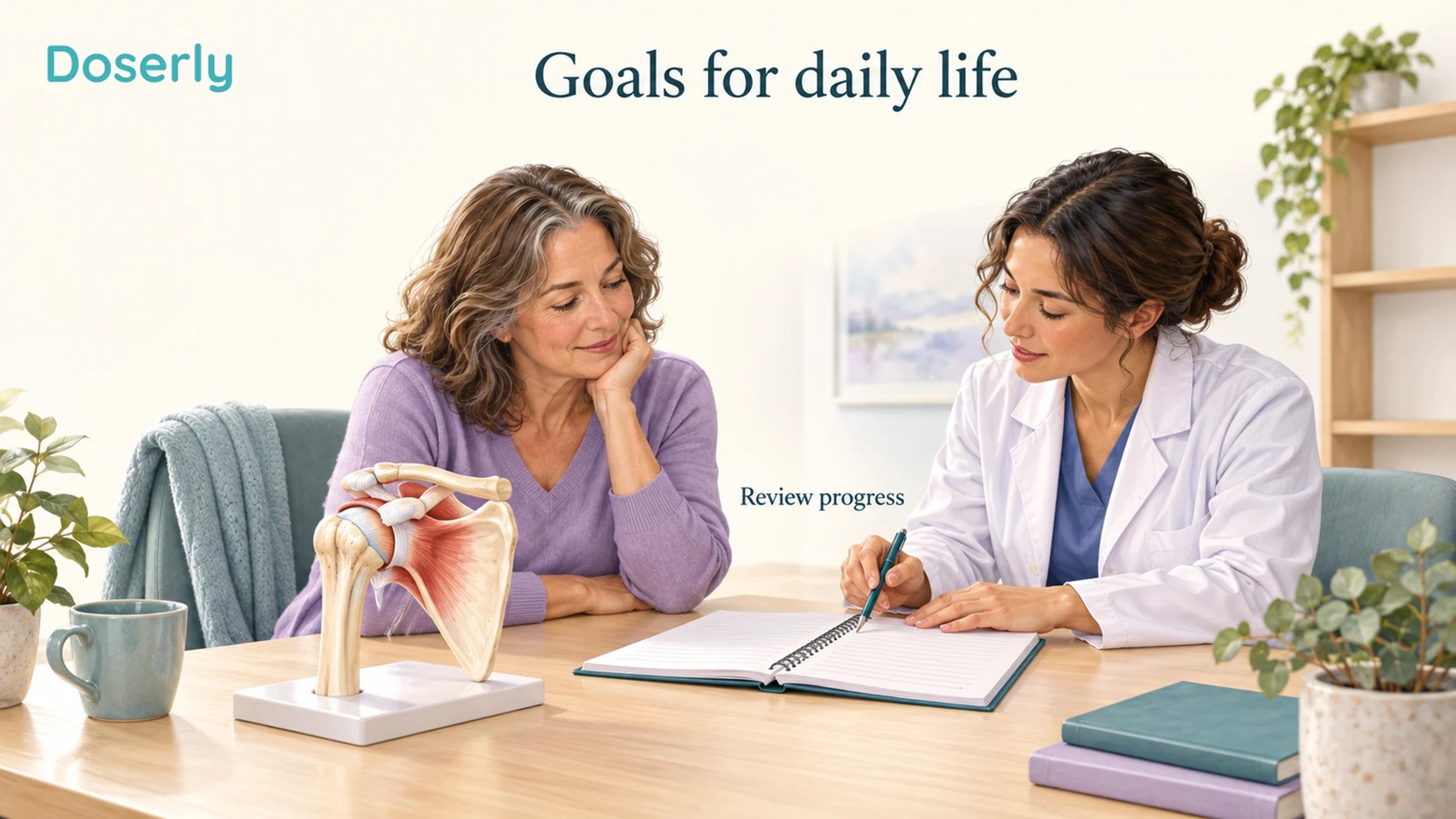 A patient and clinician review a blank notebook beside a shoulder teaching model, cardigan and shelf.