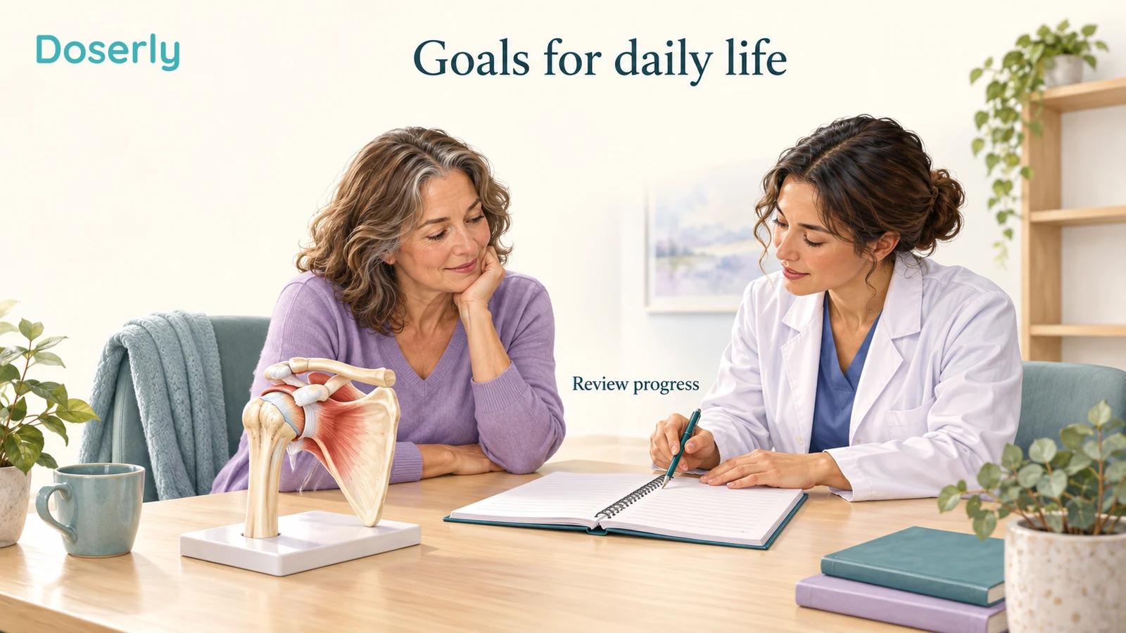 A patient and clinician review a blank notebook beside a shoulder teaching model, cardigan and shelf.
