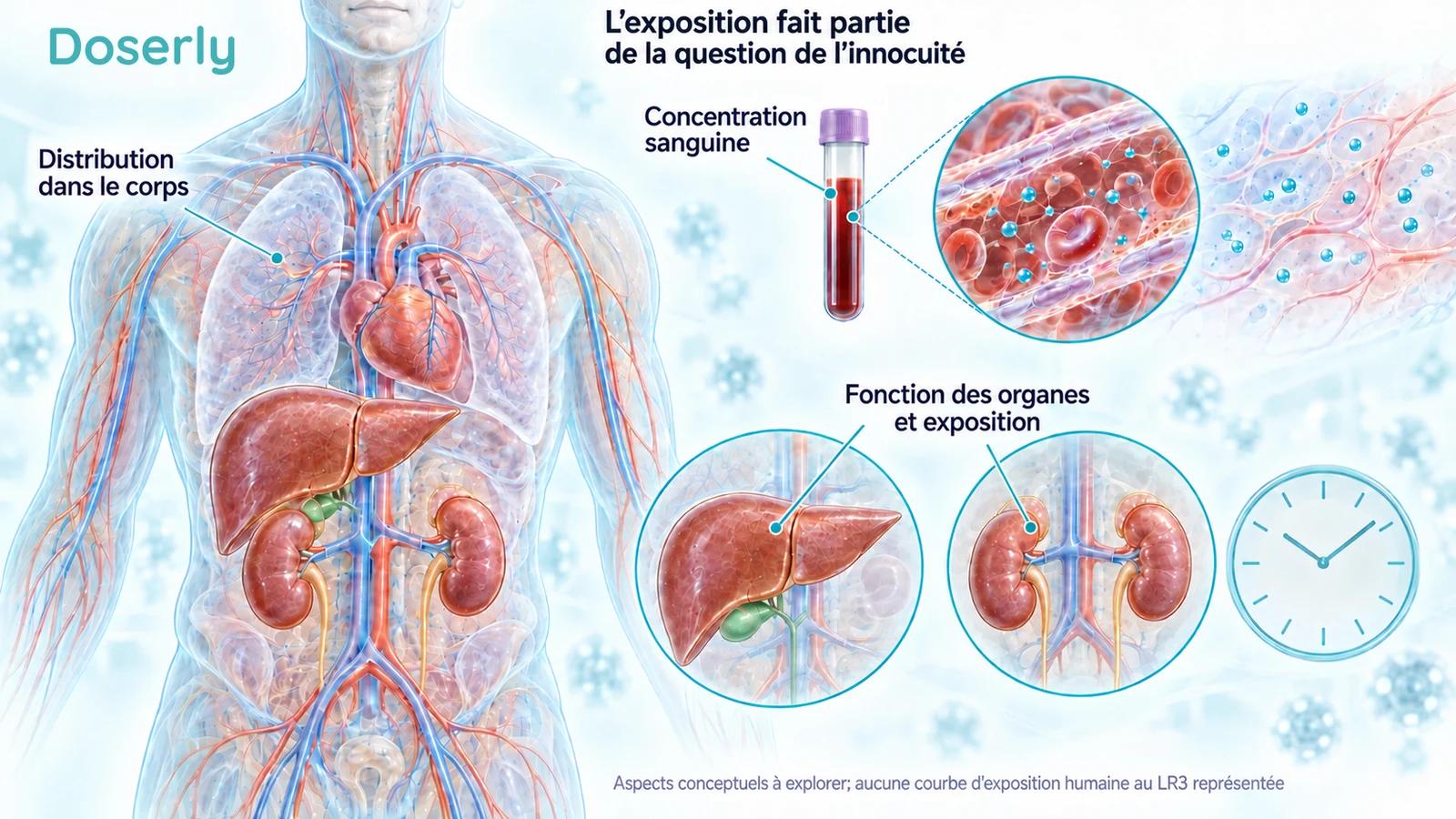Représentation conceptuelle de la circulation humaine, du foie et des reins à côté d’un échantillon sanguin et d’une horloge sans chiffres.