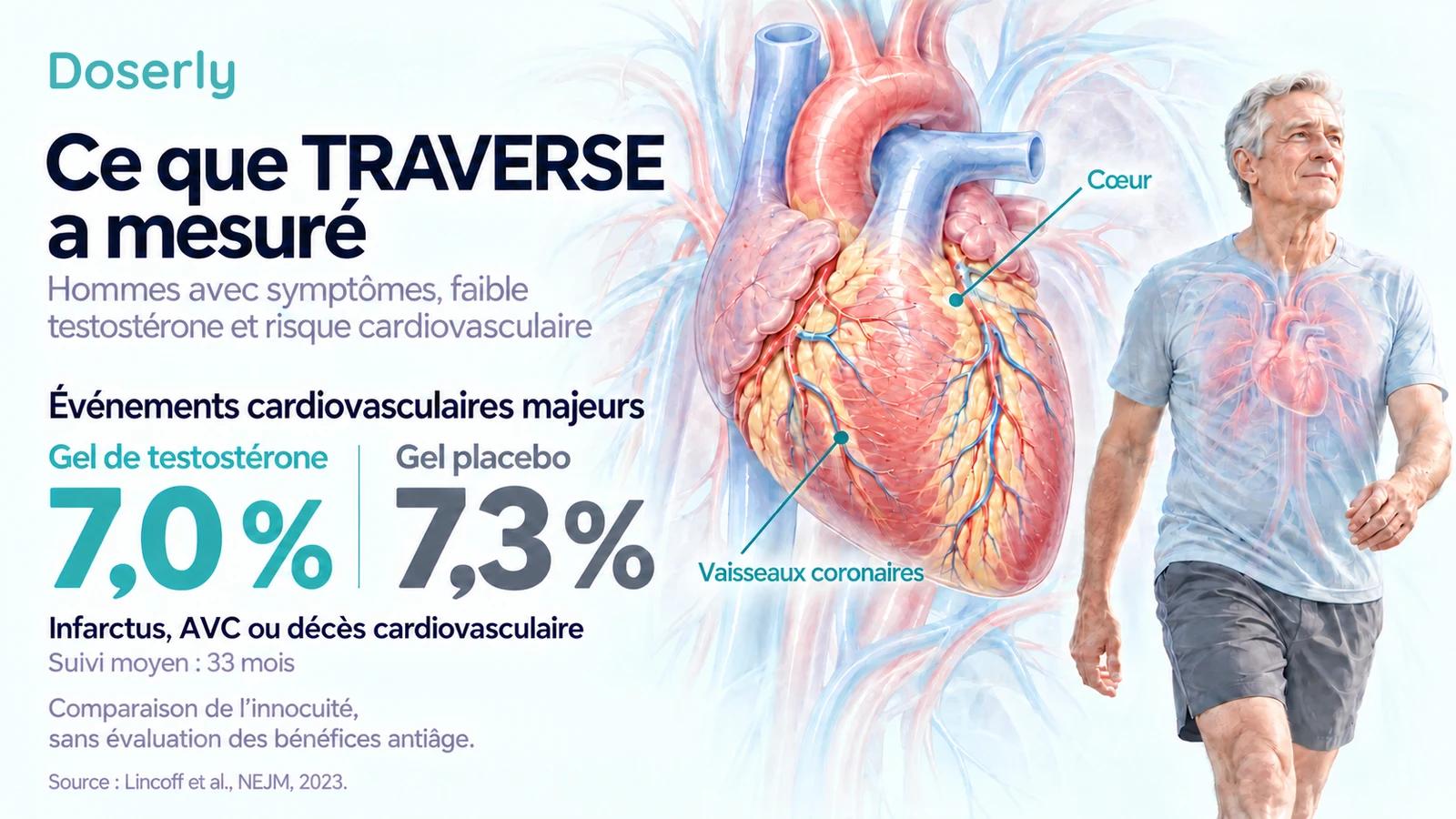 Illustration détaillée d’un cœur à côté des proportions d’événements cardiovasculaires majeurs de TRAVERSE : 7,0 pour cent avec le gel de testostérone et 7,3 pour cent avec le gel placebo.