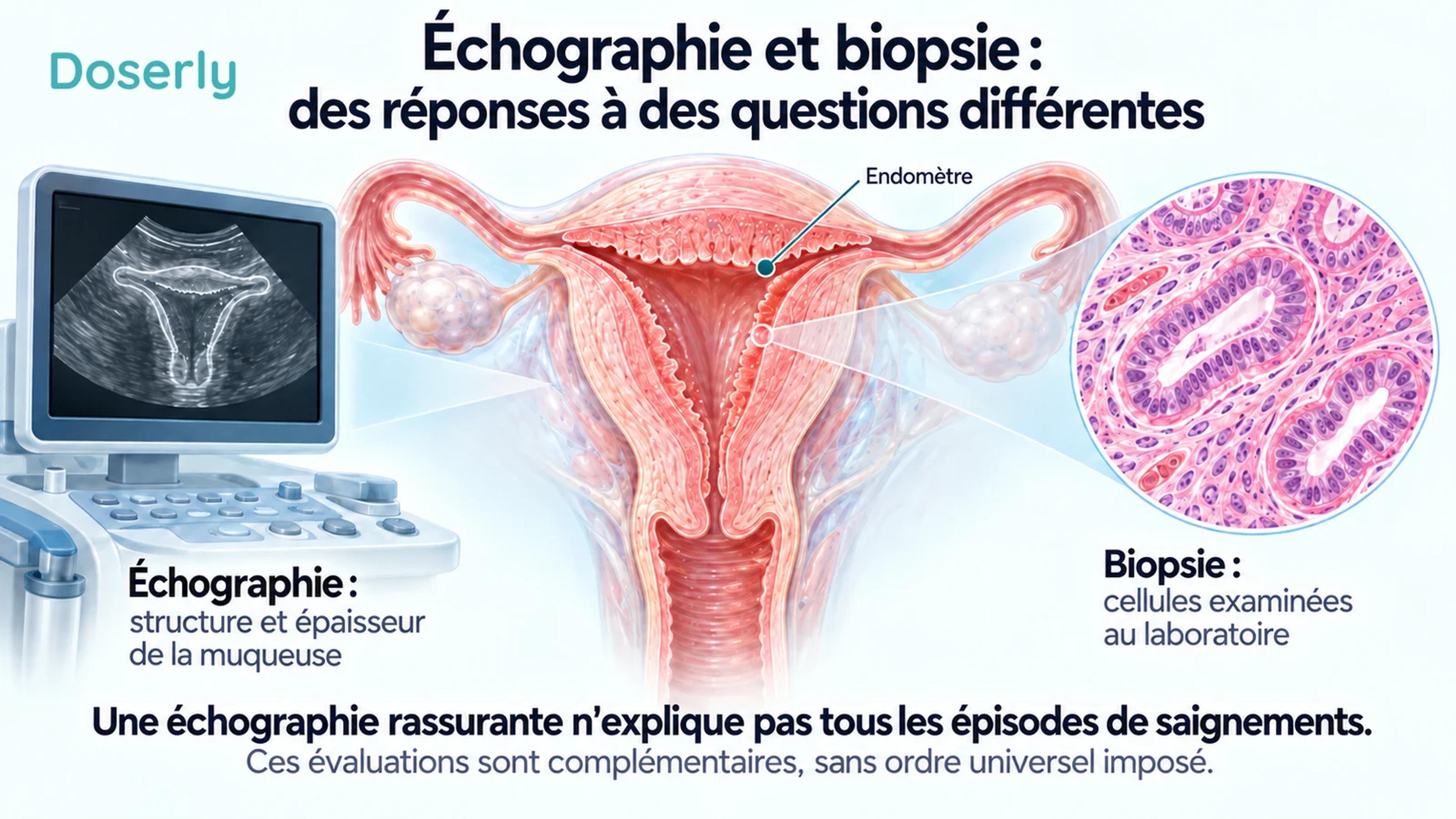 Un écran d’échographie schématique à côté d’un utérus isolé et de tissu glandulaire agrandi, comparant l’imagerie à l’examen en laboratoire d’une biopsie.