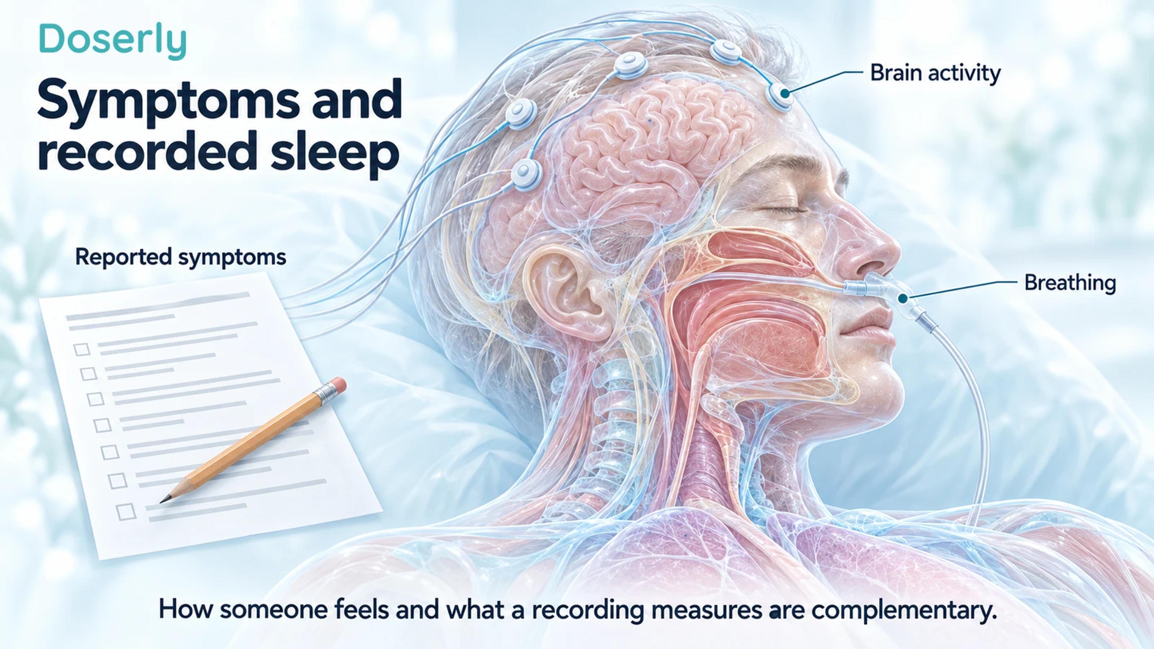 Translucent head with scalp electrodes and nasal airflow sensor beside a symptom questionnaire.