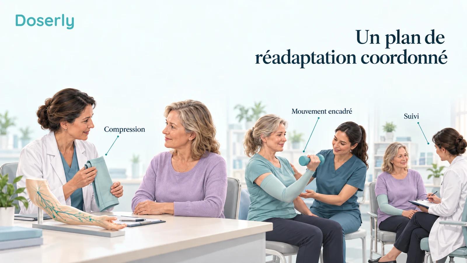 Un clinicien discute d’un manchon de compression pour le bras avec une survivante du cancer du sein, à côté d’une petite scène d’exercice de réadaptation.