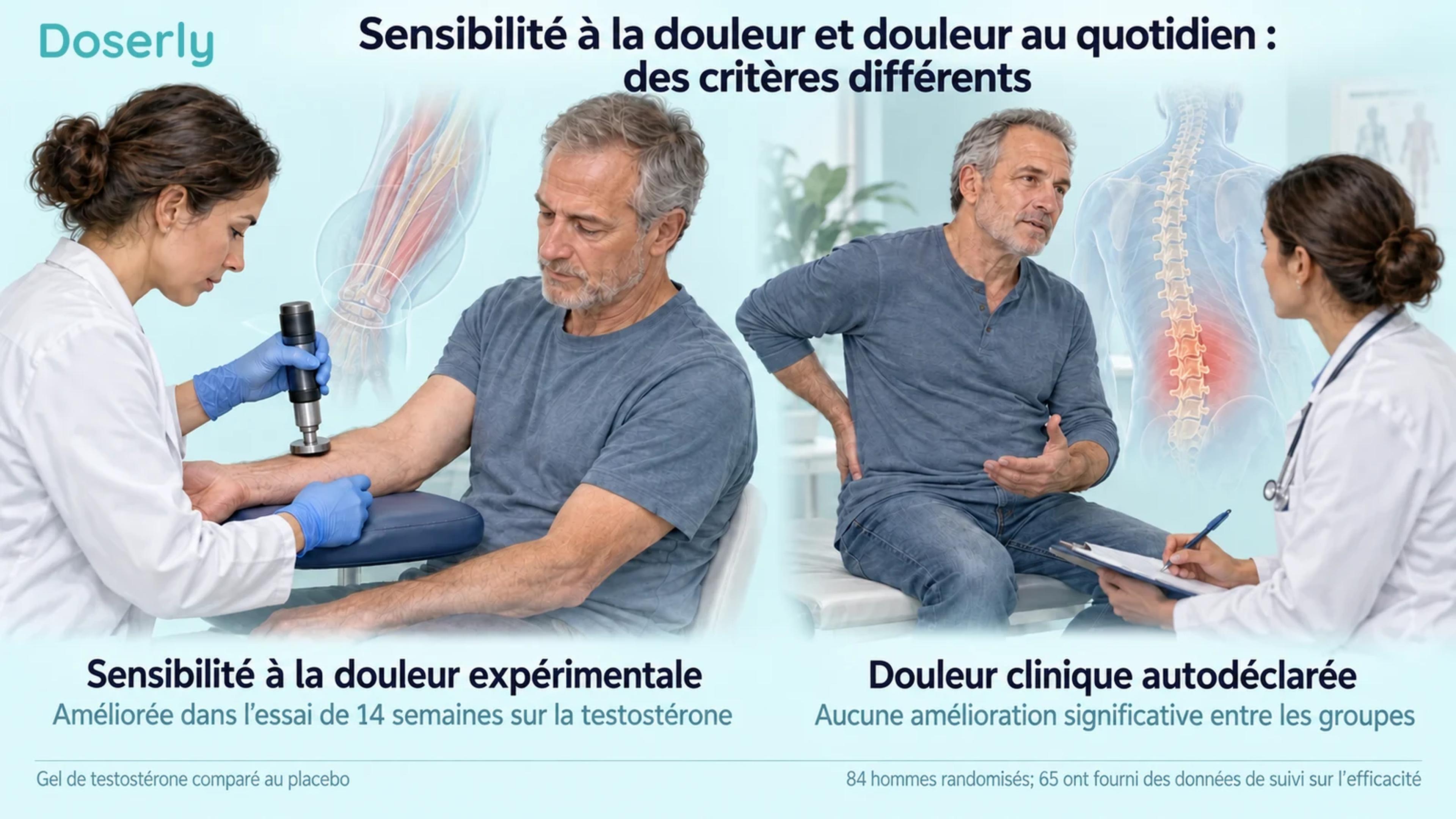 Un clinicien mesure la sensibilité à la douleur provoquée par une pression sur un avant-bras, à côté d’une consultation distincte sur les douleurs au dos au quotidien.