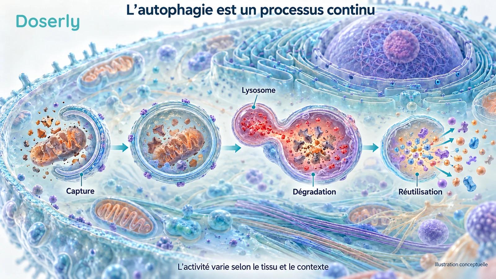 Une coupe détaillée d’une cellule montre la capture de matériel cellulaire, sa dégradation lysosomale et la réutilisation de ses composants