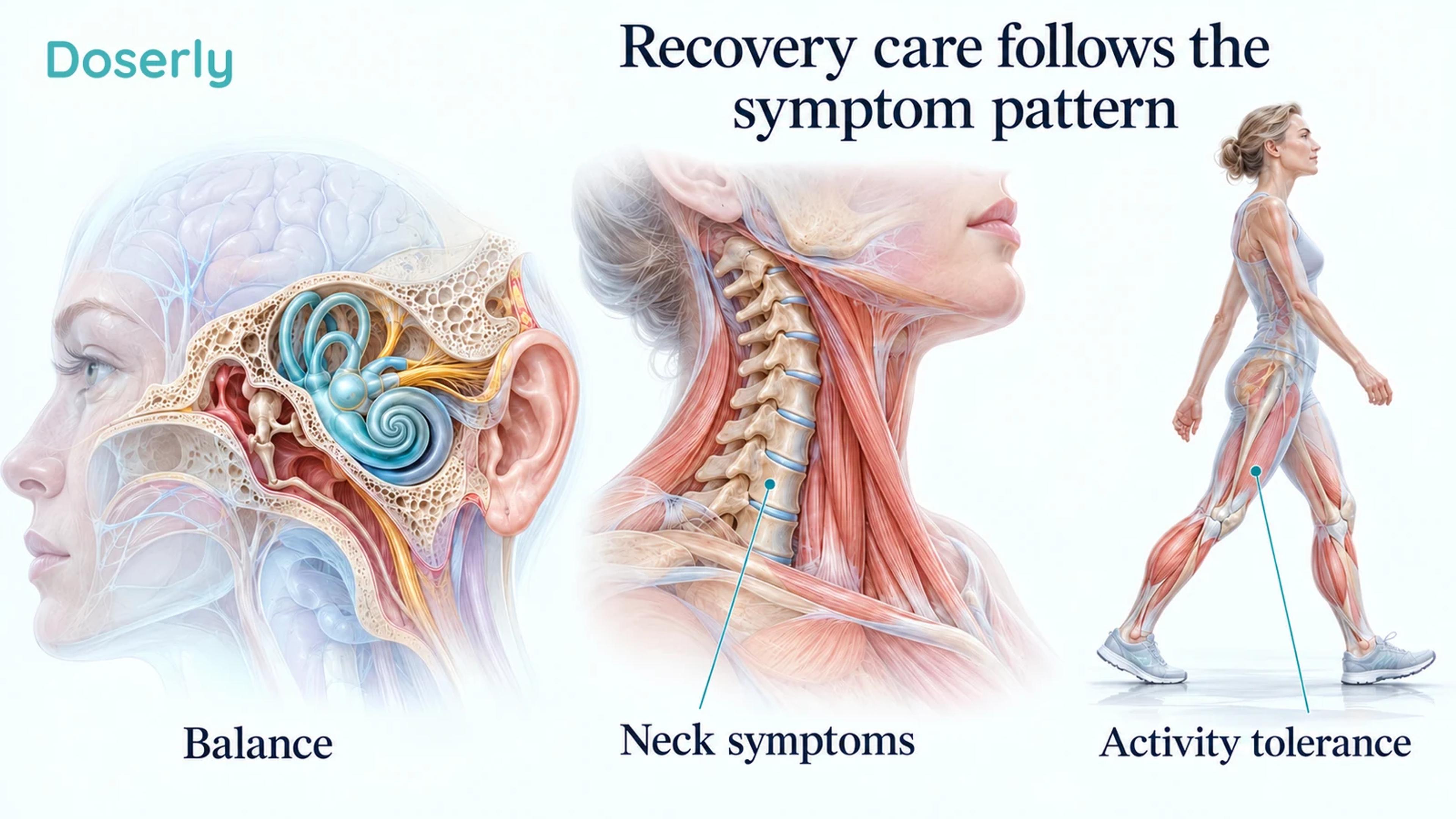Anatomical illustrations show balance, neck movement, and comfortable walking as distinct areas assessed during recovery.
