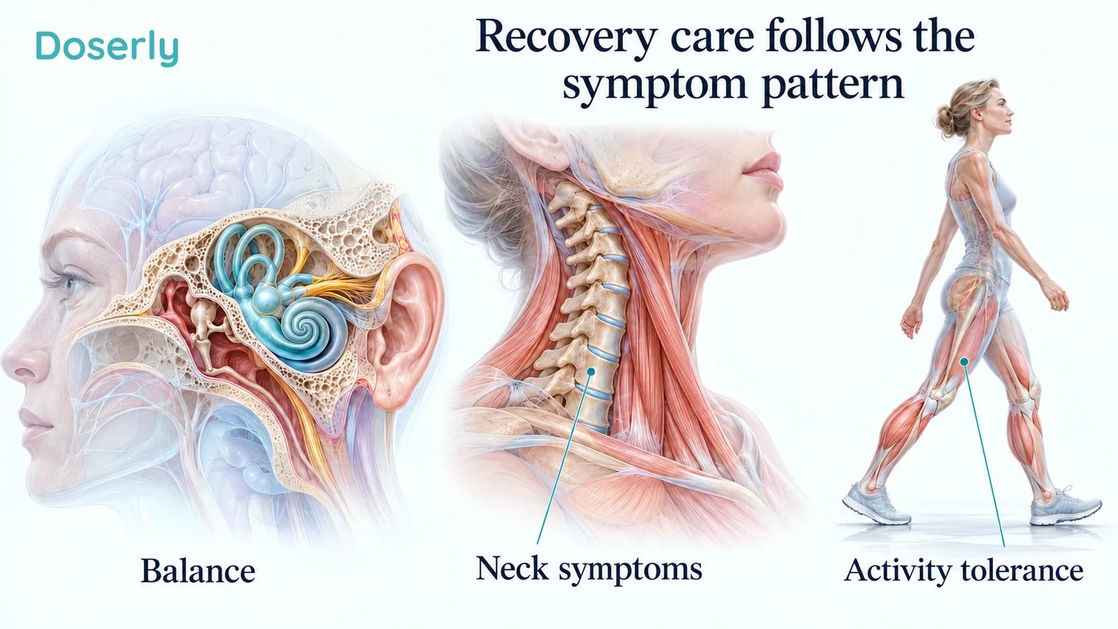 Anatomical illustrations show balance, neck movement, and comfortable walking as distinct areas assessed during recovery.