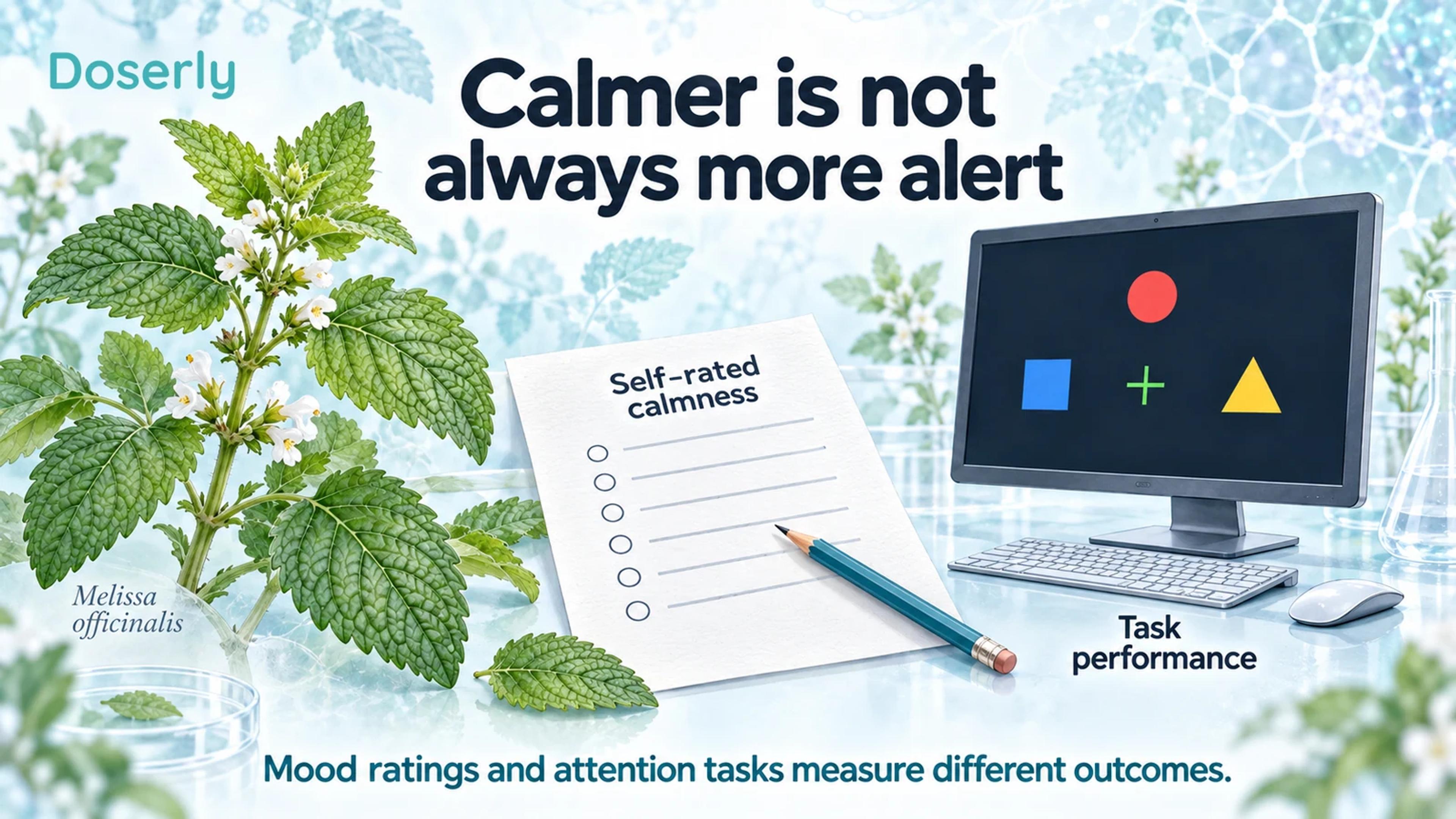 Lemon balm botanical illustration, a self-rating questionnaire and an attention task show separate mood and performance measures.