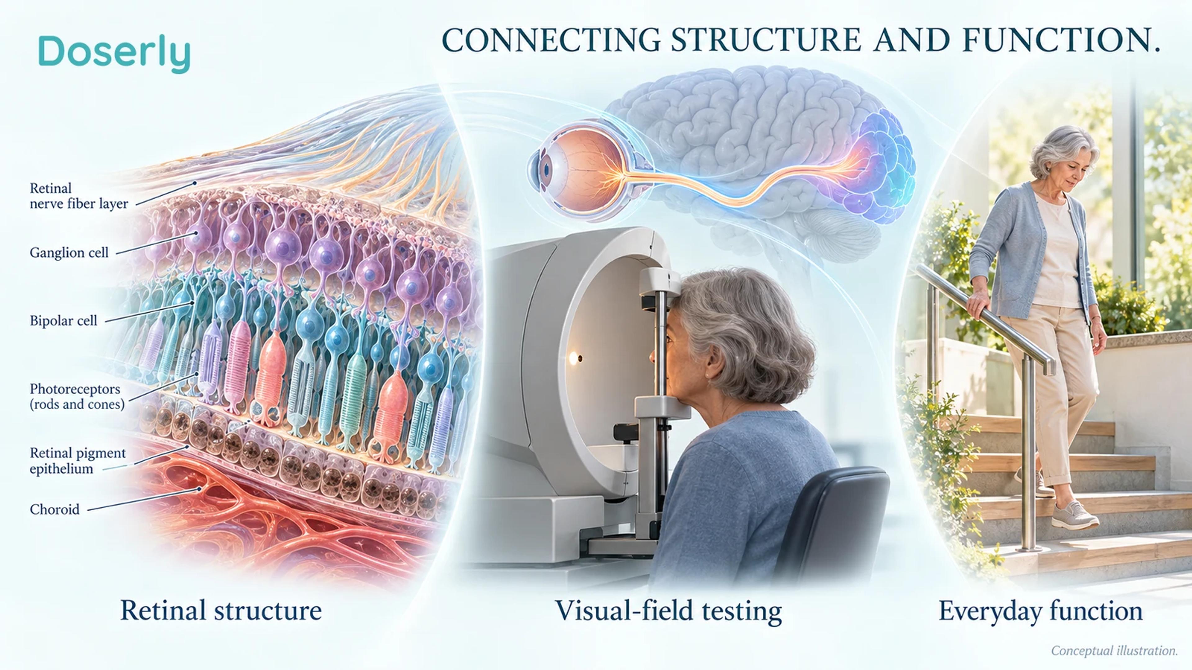 A conceptual visual pathway from retinal structure to nerve signaling to everyday visual tasks, without patient scans or numerical results