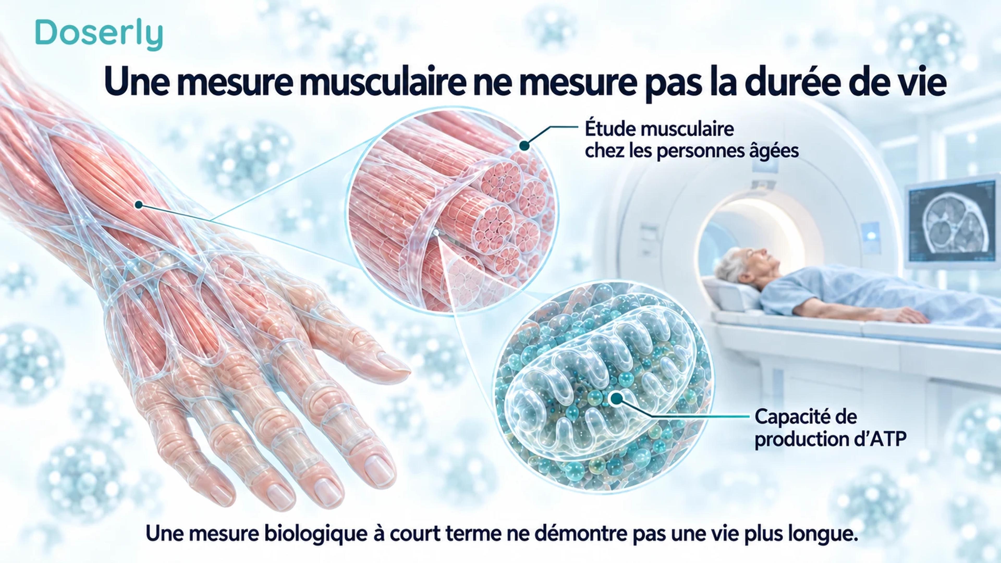 Illustration détaillée des muscles de la main et des mitochondries expliquant une mesure à court terme de la capacité de production d’ATP chez des personnes âgées.