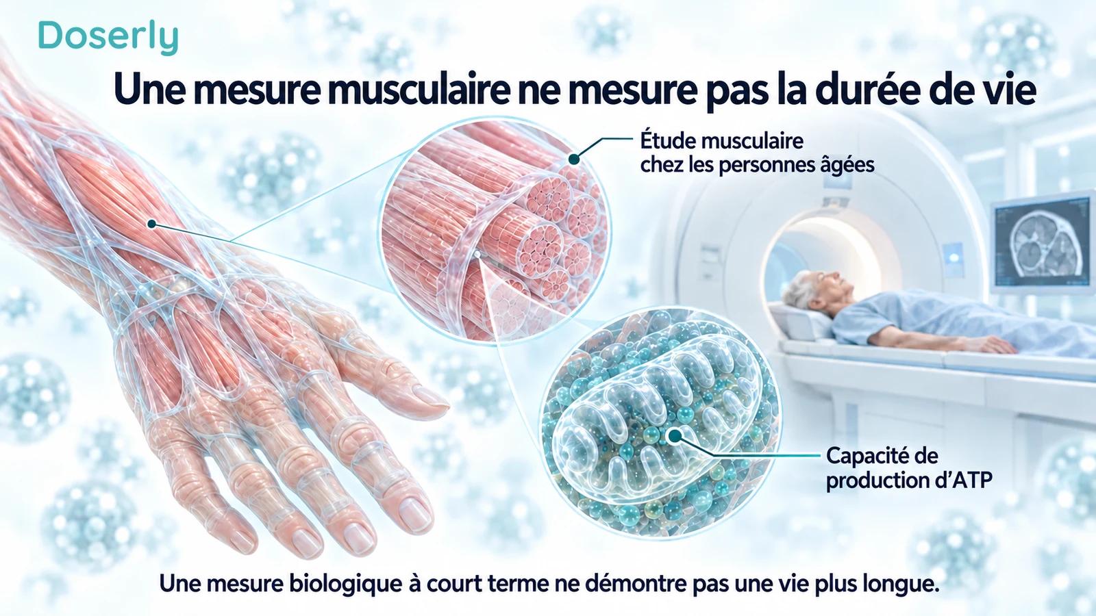 Illustration détaillée des muscles de la main et des mitochondries expliquant une mesure à court terme de la capacité de production d’ATP chez des personnes âgées.